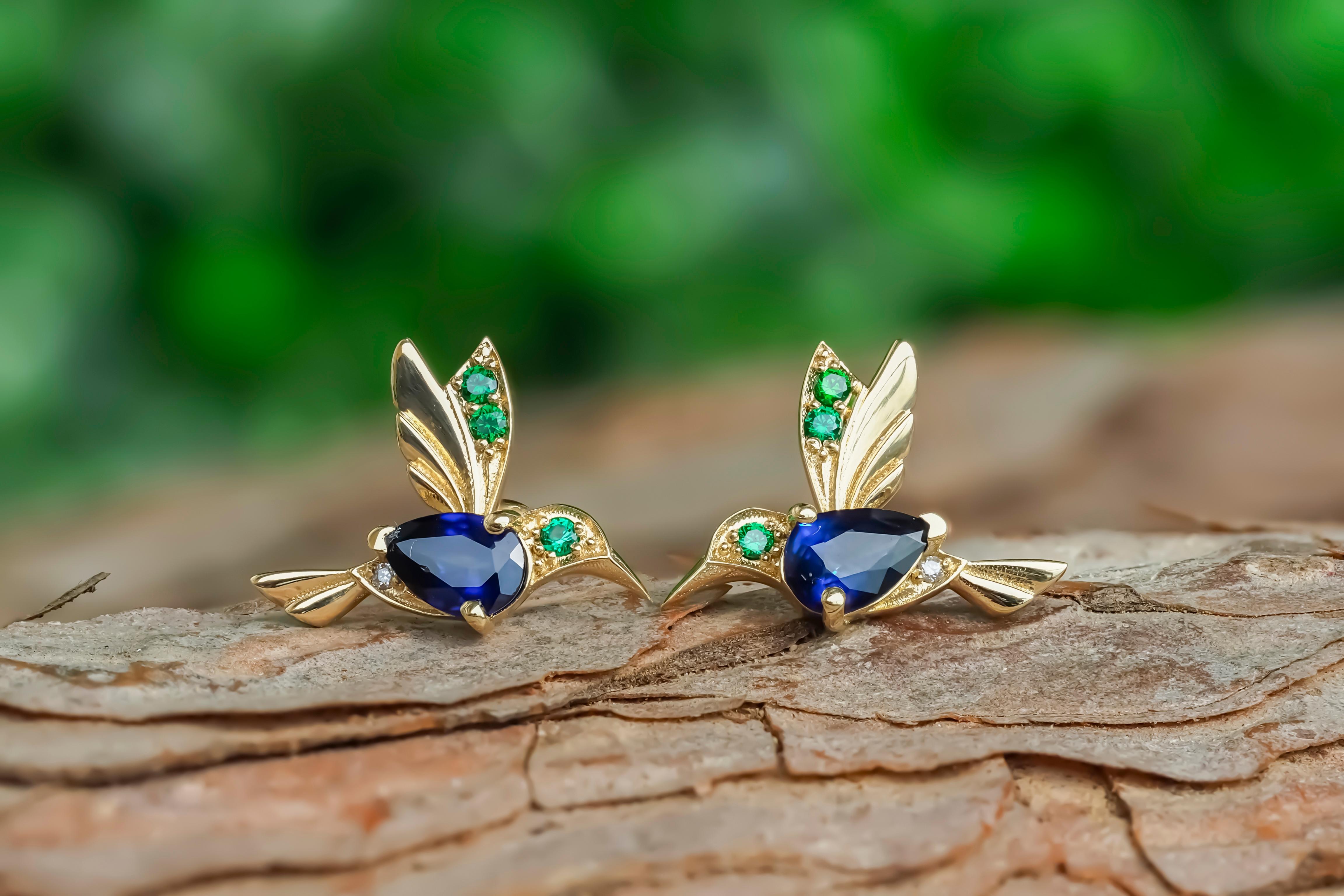 14k Gold Hummingbird Earings Studs with Sapphires.  For Sale 3