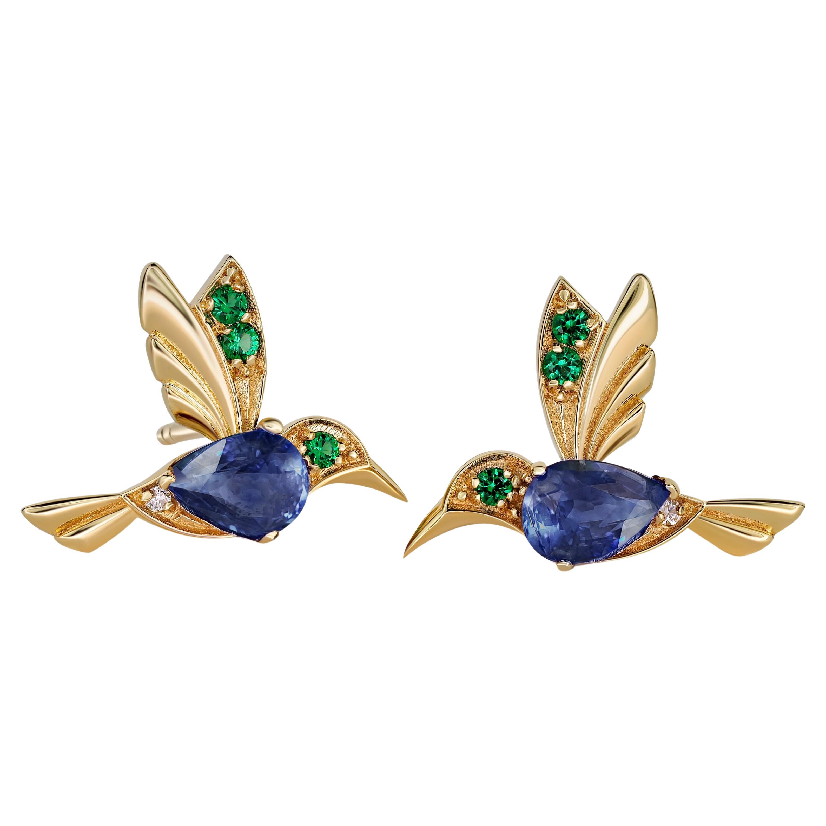 14k Gold Hummingbird Earings Studs with Sapphires. 