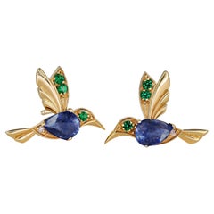 14k Gold Hummingbird Earings Studs with Sapphires, Sapphire Bird Stud Earrings