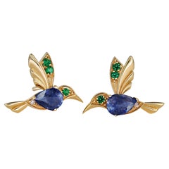 14k Gold Hummingbird Earings Studs with Sapphires. Sapphire Bird Stud Earrings