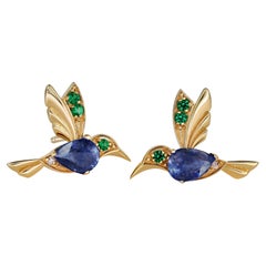 Boucles d'oreilles colibri en or 14k avec saphirs. Boucles d'oreilles saphir oiseau