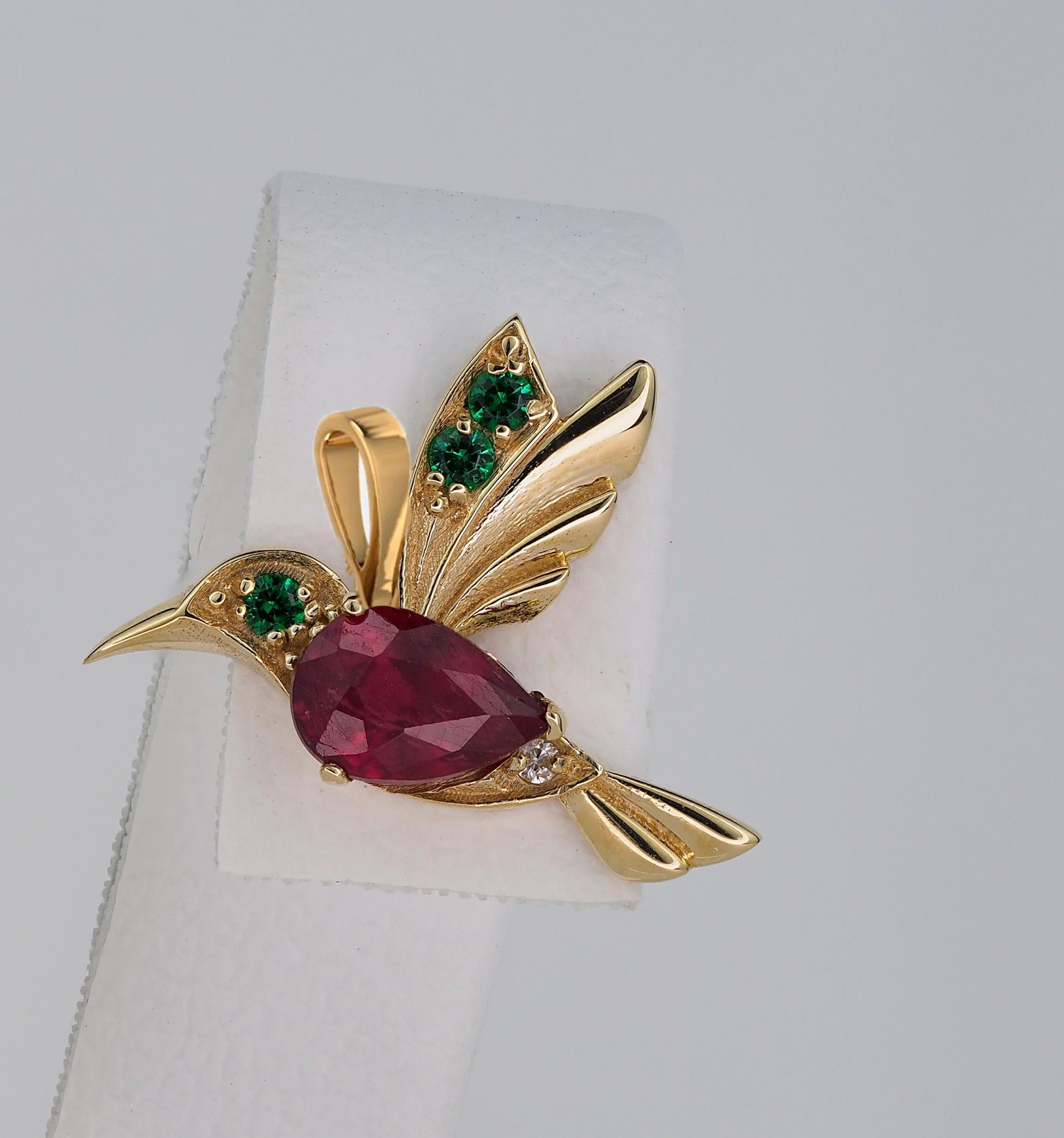 14k Gold Hummingbird Pendant with Rubies, Bird Pendant with Colored Gemstones For Sale 4