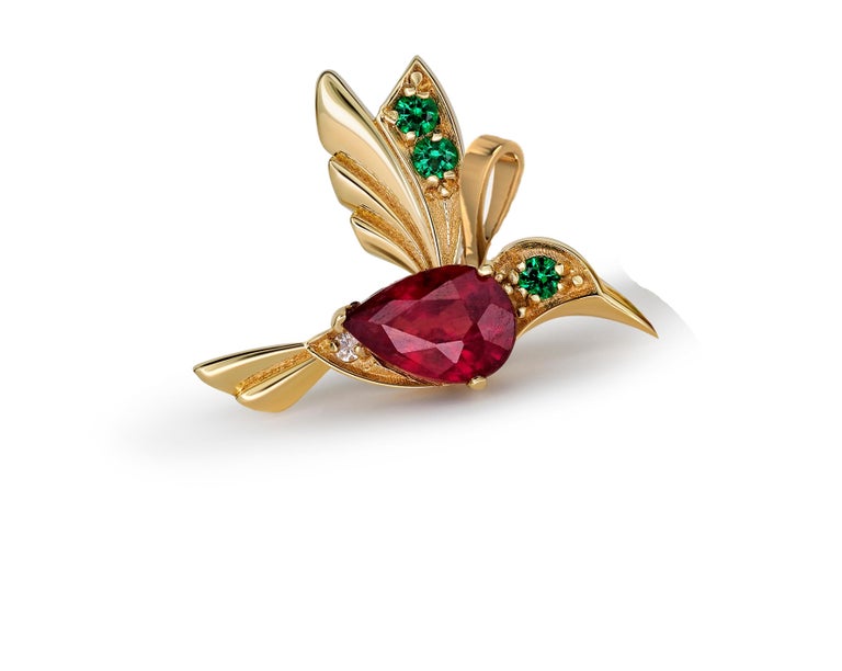Modern 14k Gold Hummingbird Pendant with Rubies, Bird Pendant with Colored Gemstones For Sale