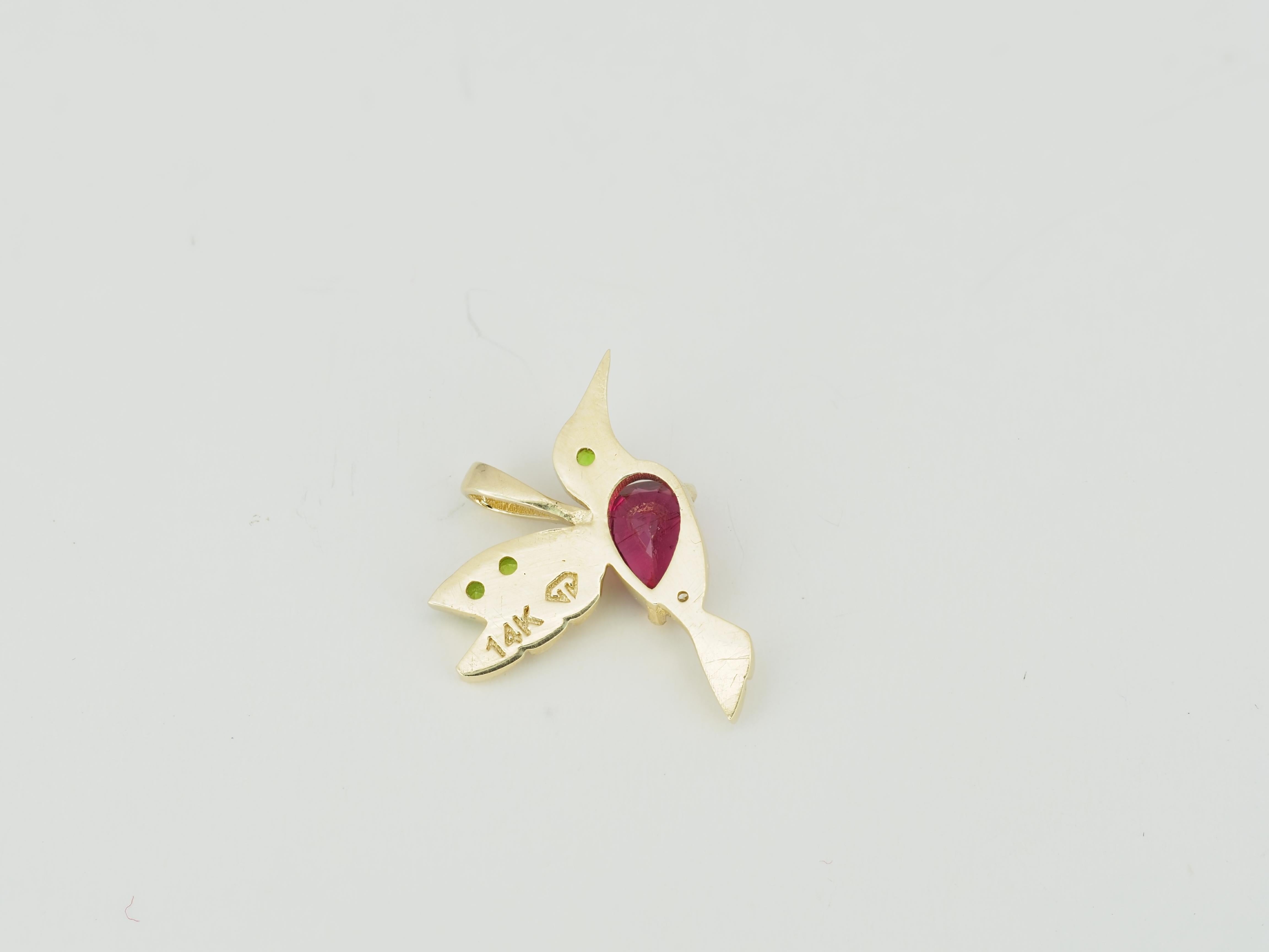 Pear Cut 14k Gold Hummingbird Pendant with Rubies, Bird Pendant with Colored Gemstones For Sale