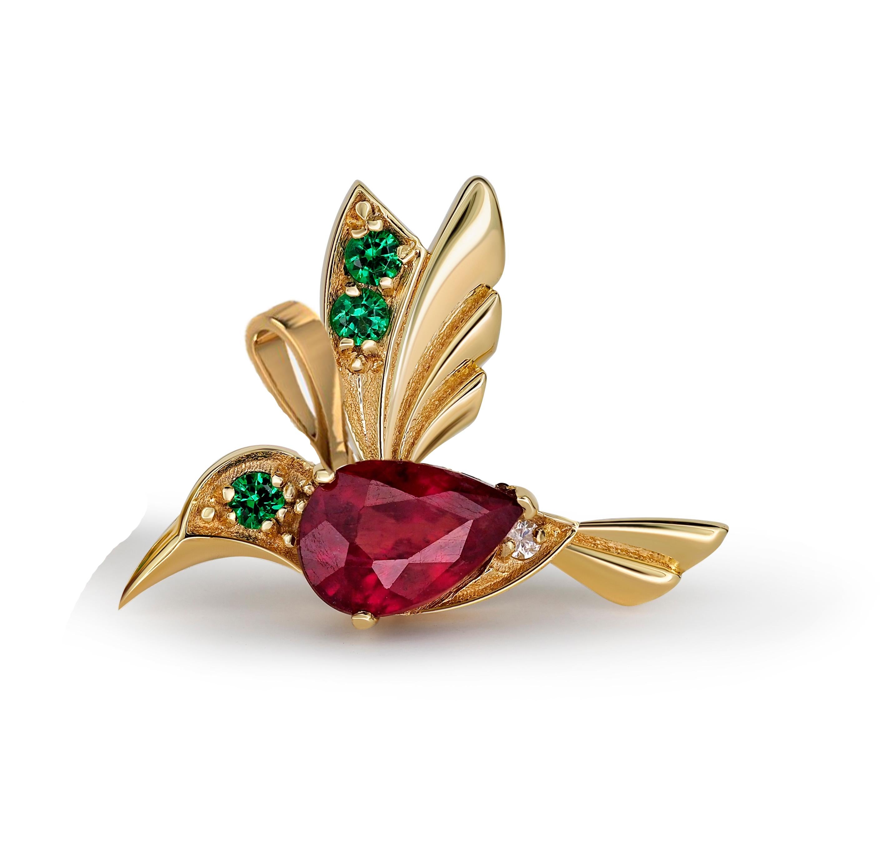 Modern 14k Gold Hummingbird Pendant with Rubies, Bird Pendant with Colored Gemstones