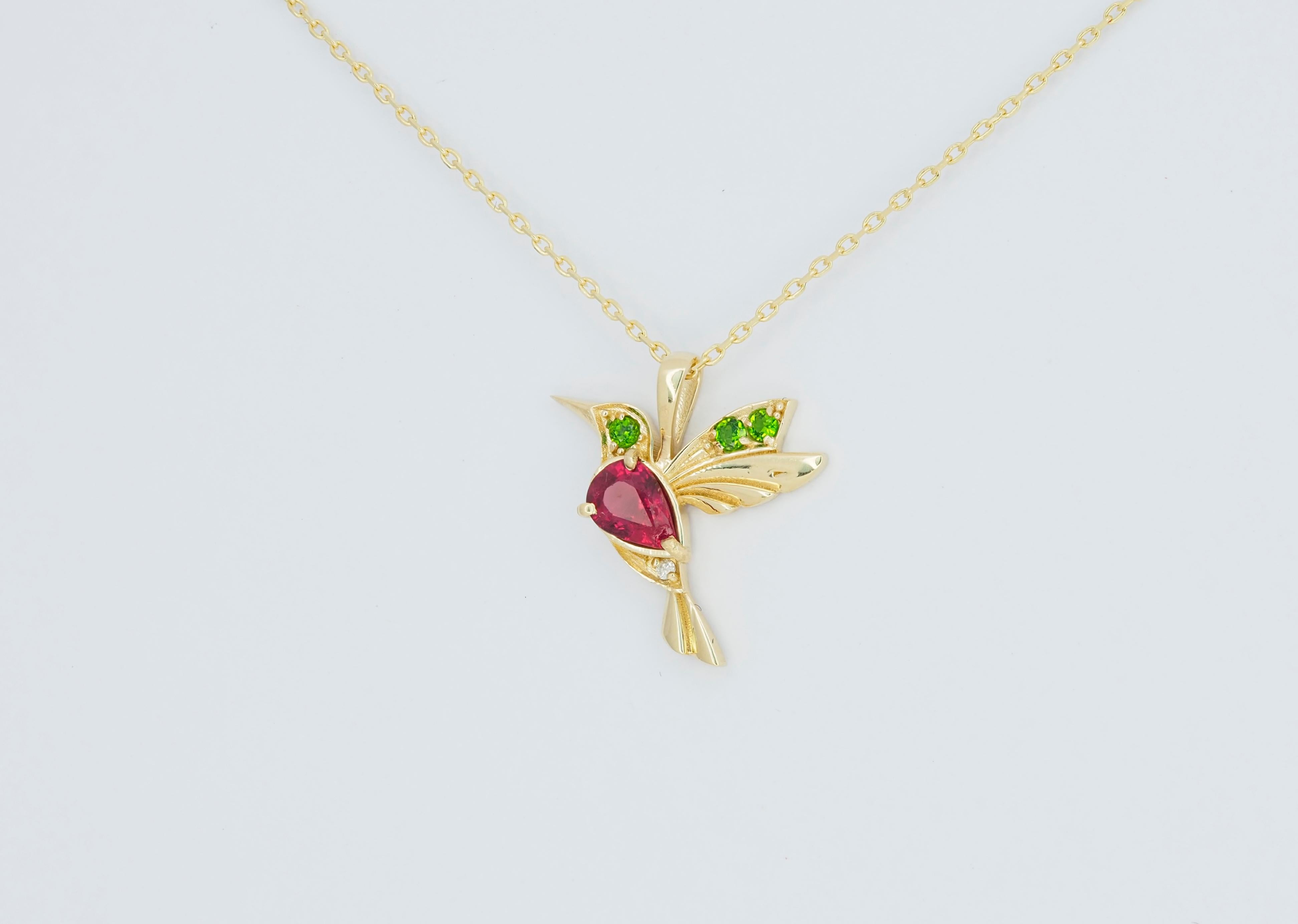 Modern 14k Gold Hummingbird Pendant with Rubies, Bird Pendant with Colored Gemstones! For Sale