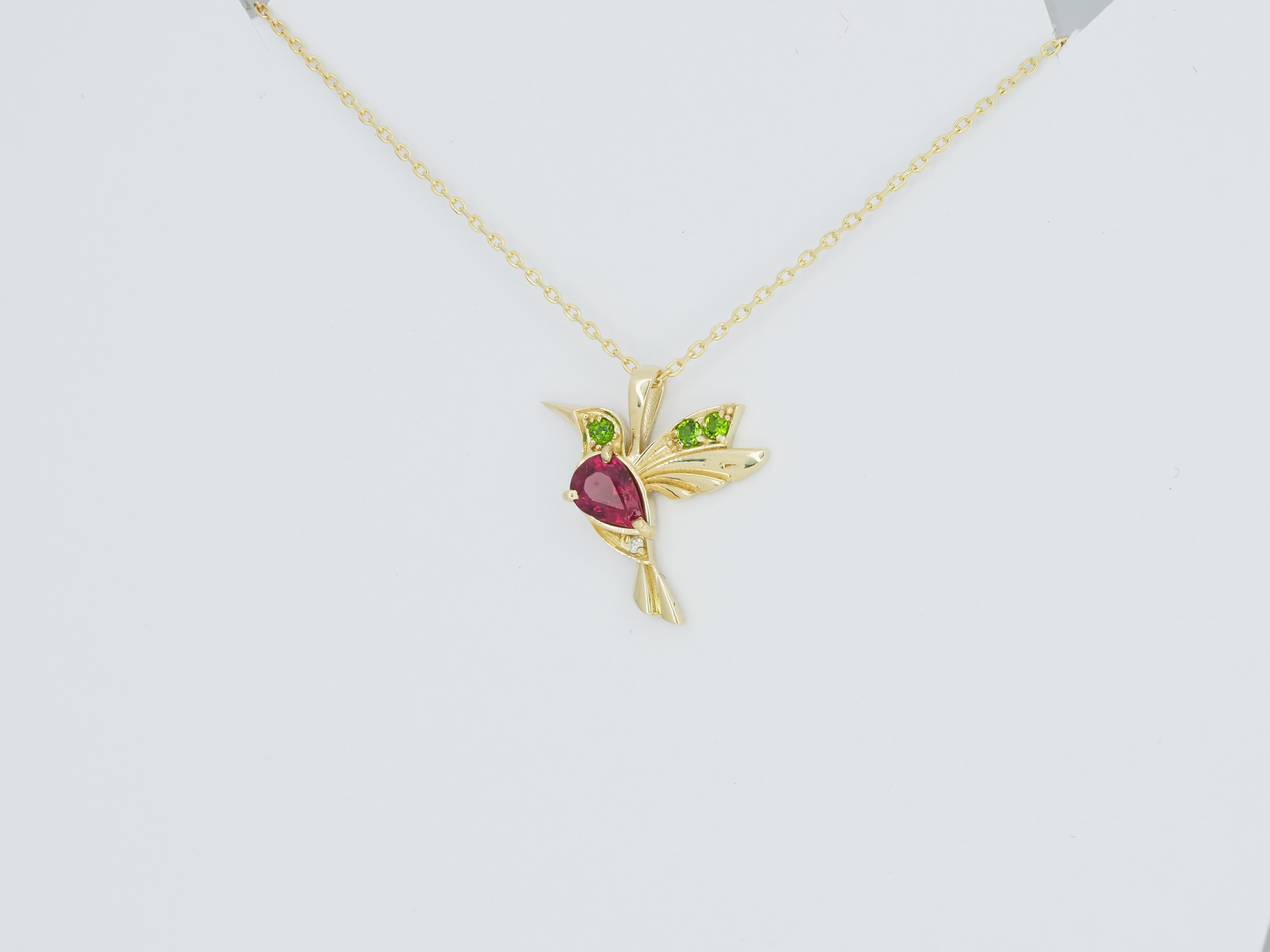 Women's 14k Gold Hummingbird Pendant with Rubies, Bird Pendant with Colored Gemstones For Sale