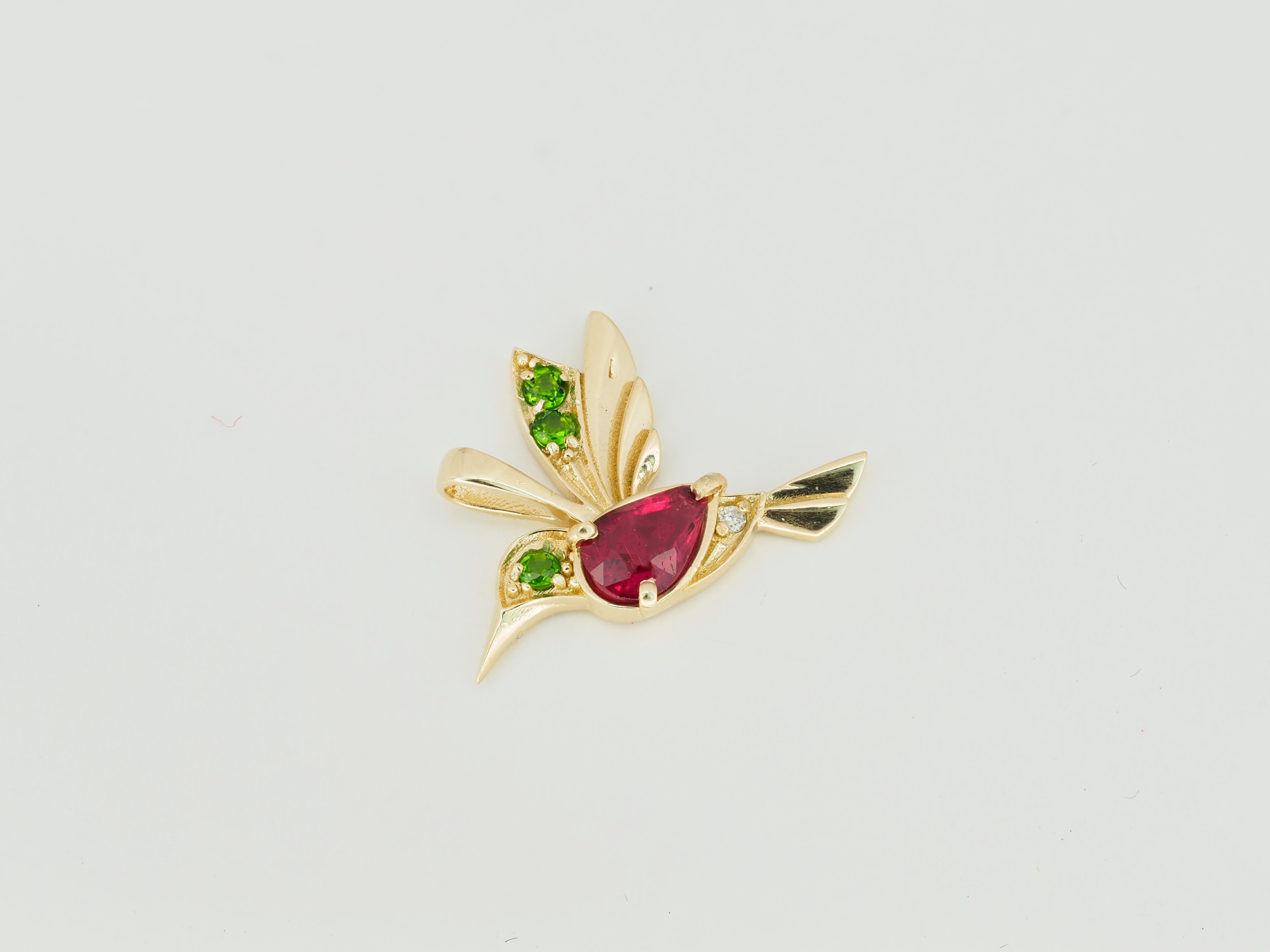14k Gold Hummingbird Pendant with Rubies, Bird Pendant with Colored Gemstones! In New Condition For Sale In Istanbul, TR