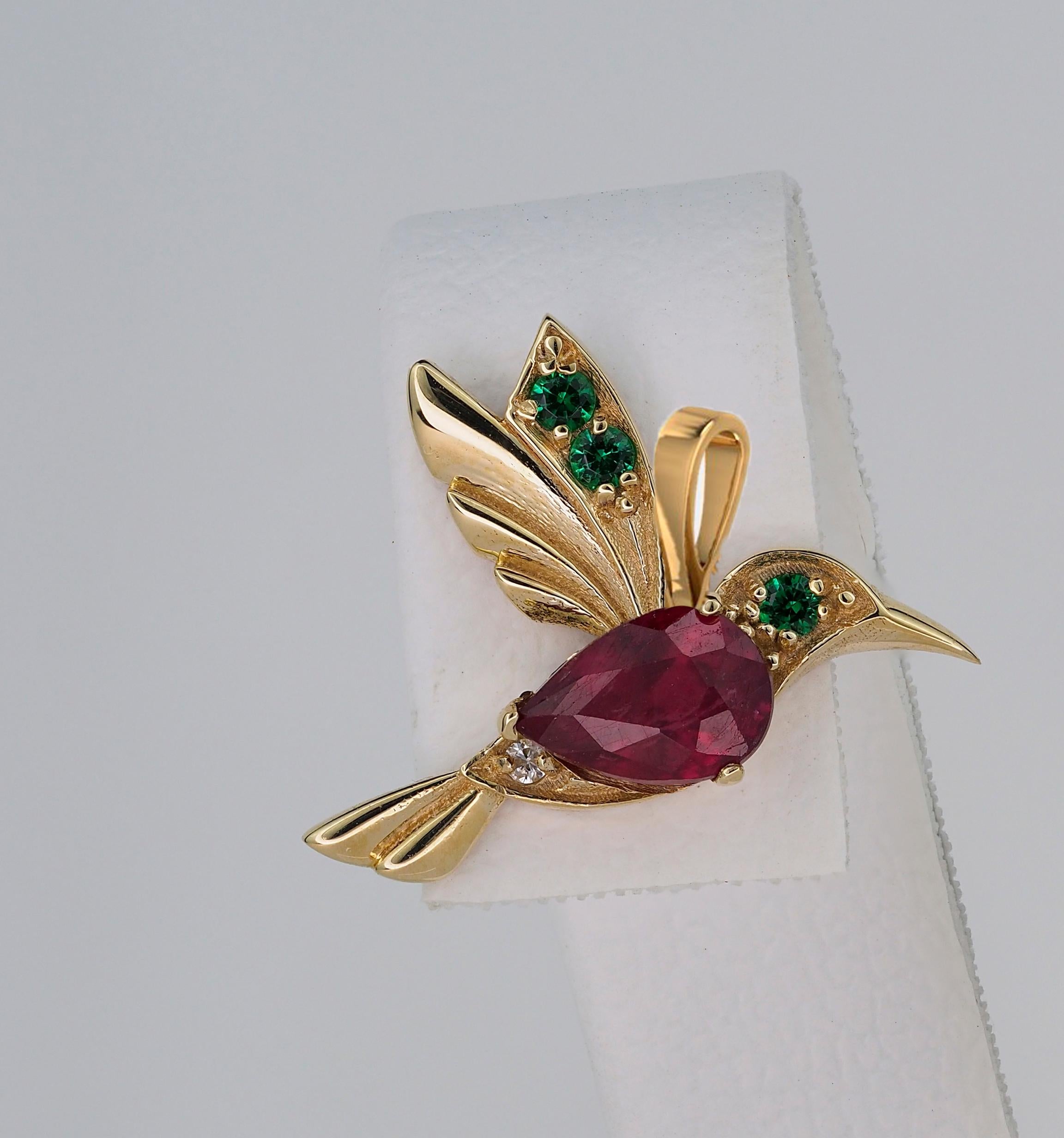 14k Gold Hummingbird Pendant with Rubies, Bird Pendant with Colored Gemstones For Sale 2