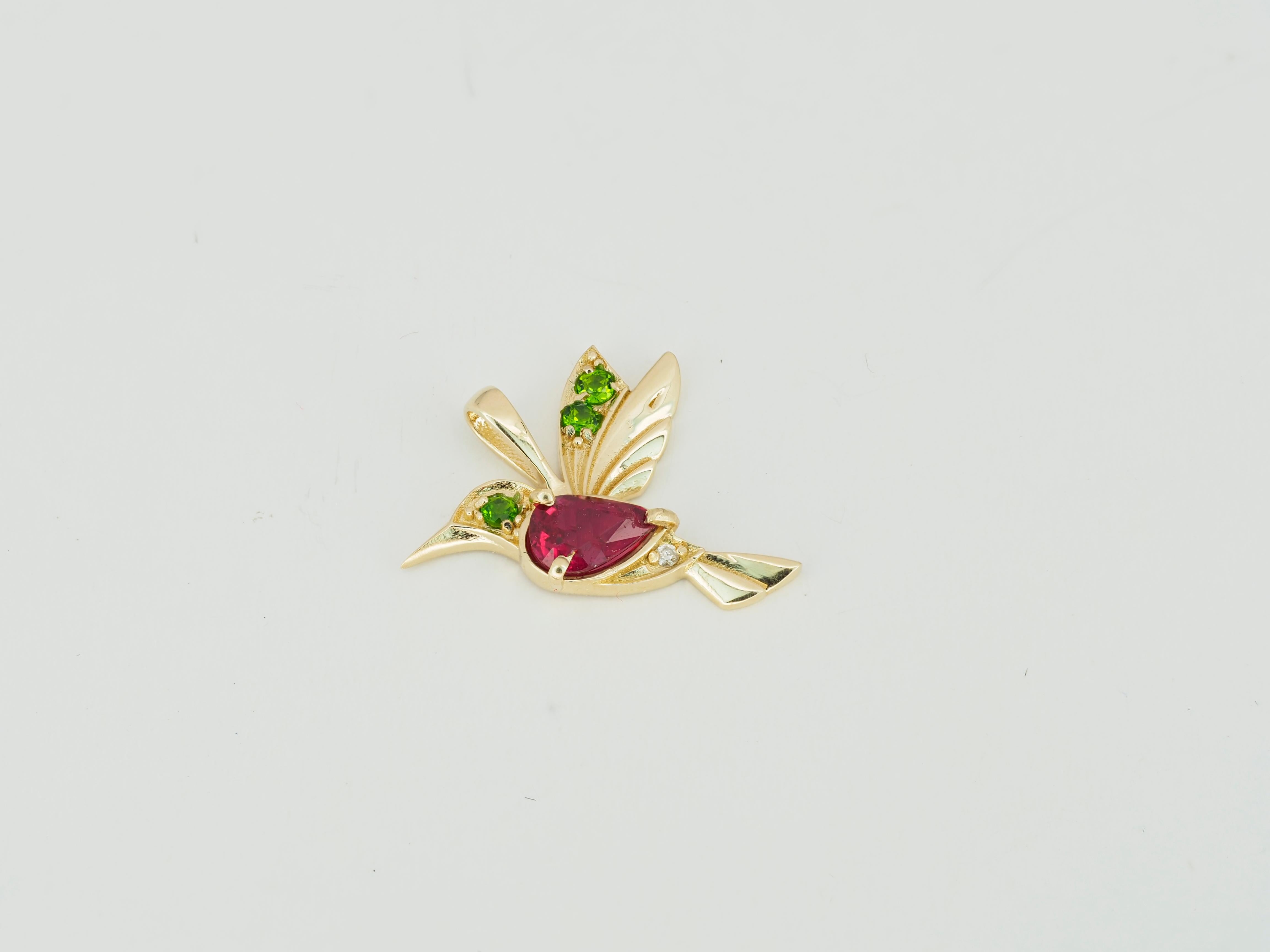 Women's 14k Gold Hummingbird Pendant with Rubies, Bird Pendant with Colored Gemstones! For Sale