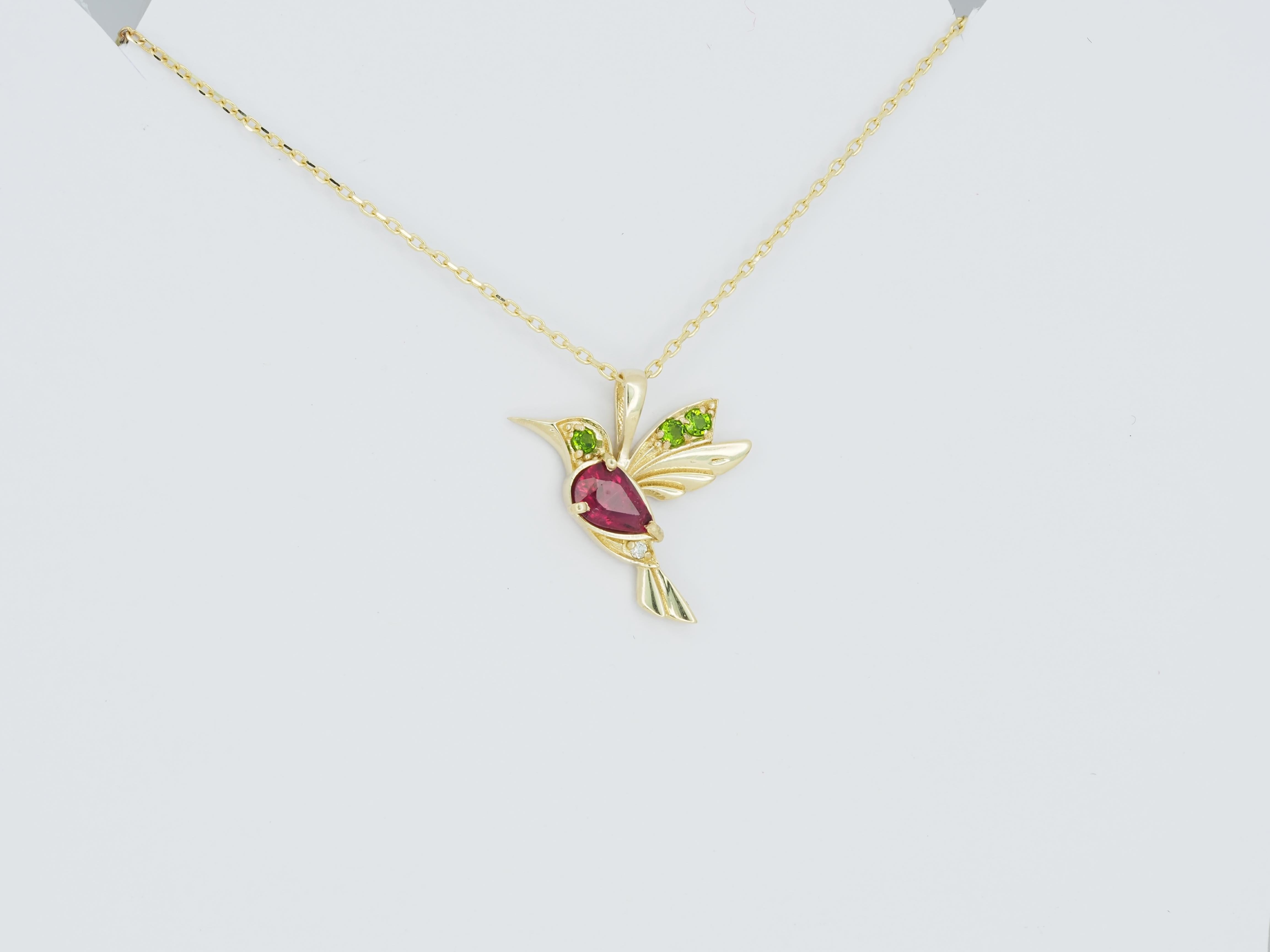 14k Gold Hummingbird Pendant with Rubies, Bird Pendant with Colored Gemstones For Sale 3