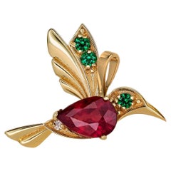 14k Gold Hummingbird Pendant with Rubies, Bird Pendant with Colored Gemstones