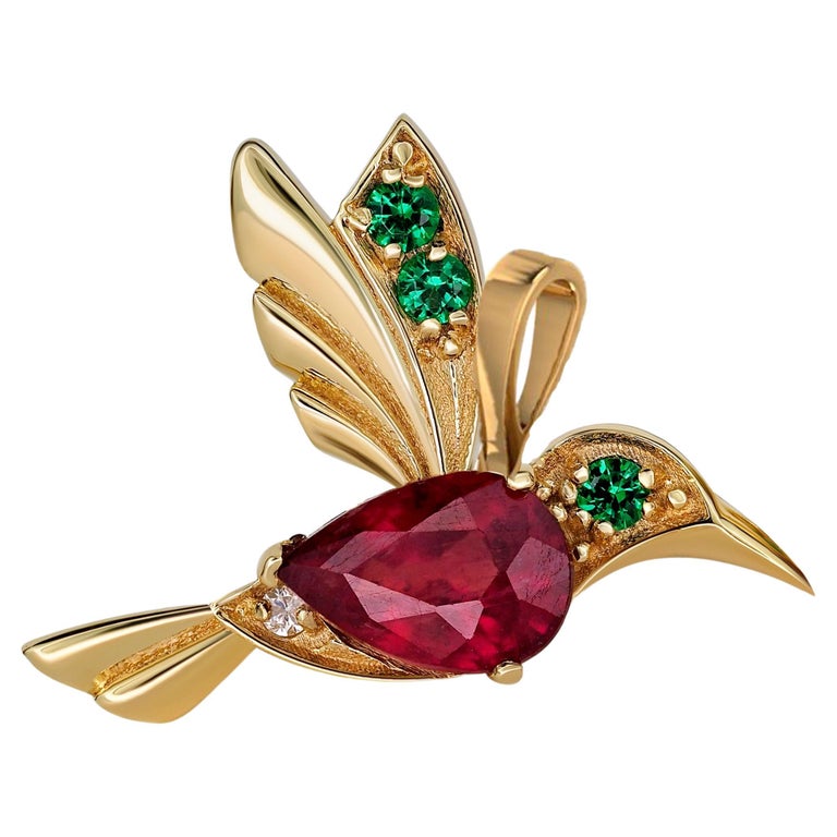 14k Gold Hummingbird Pendant with Rubies, Bird Pendant with Colored Gemstones For Sale