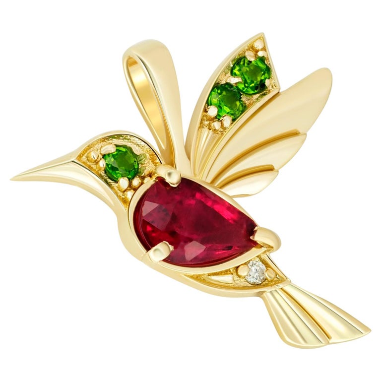 14k Gold Hummingbird Pendant with Rubies, Bird Pendant with Coloured