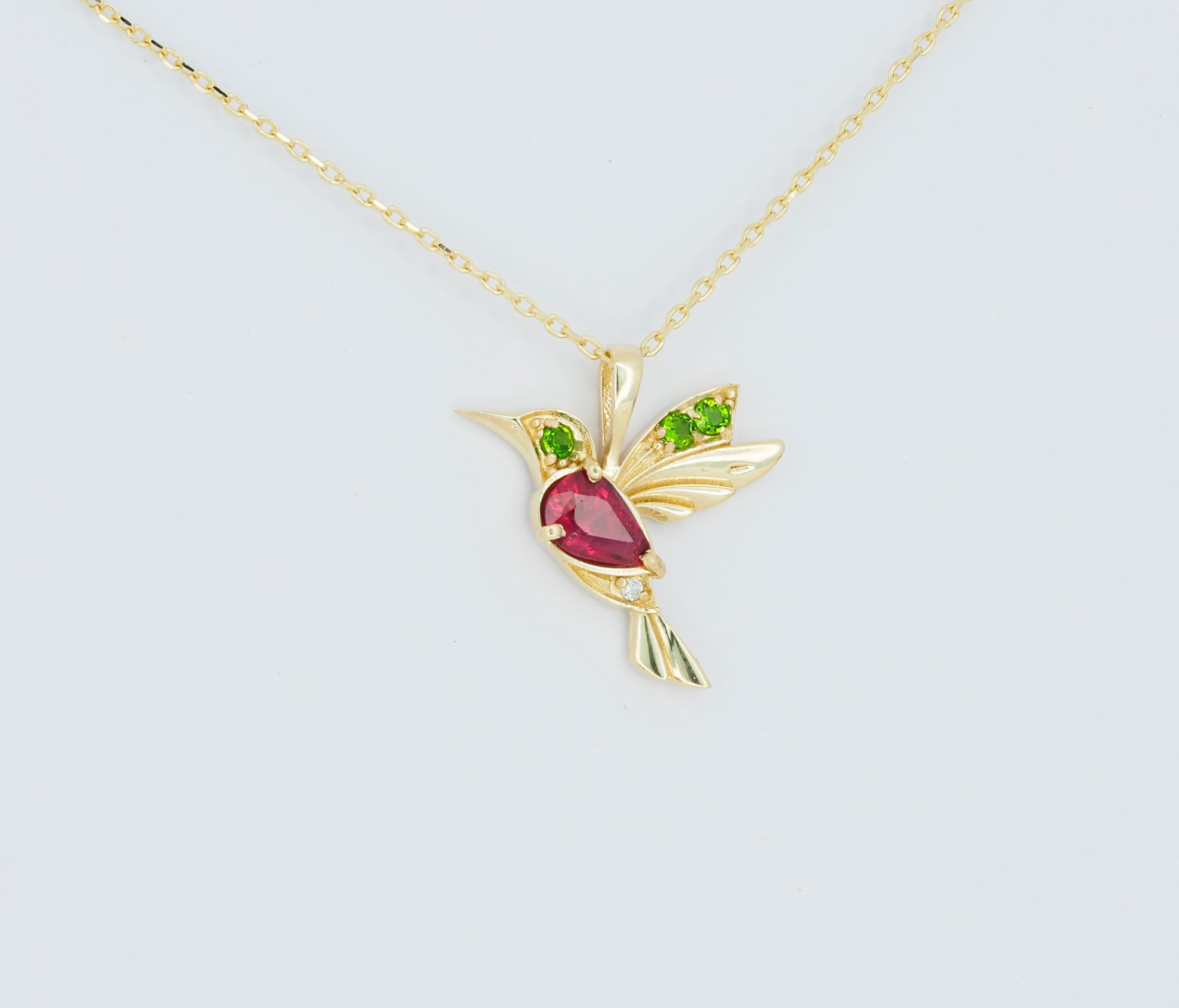 Modern 14k Gold Hummingbird Pendant with Rubies.  For Sale
