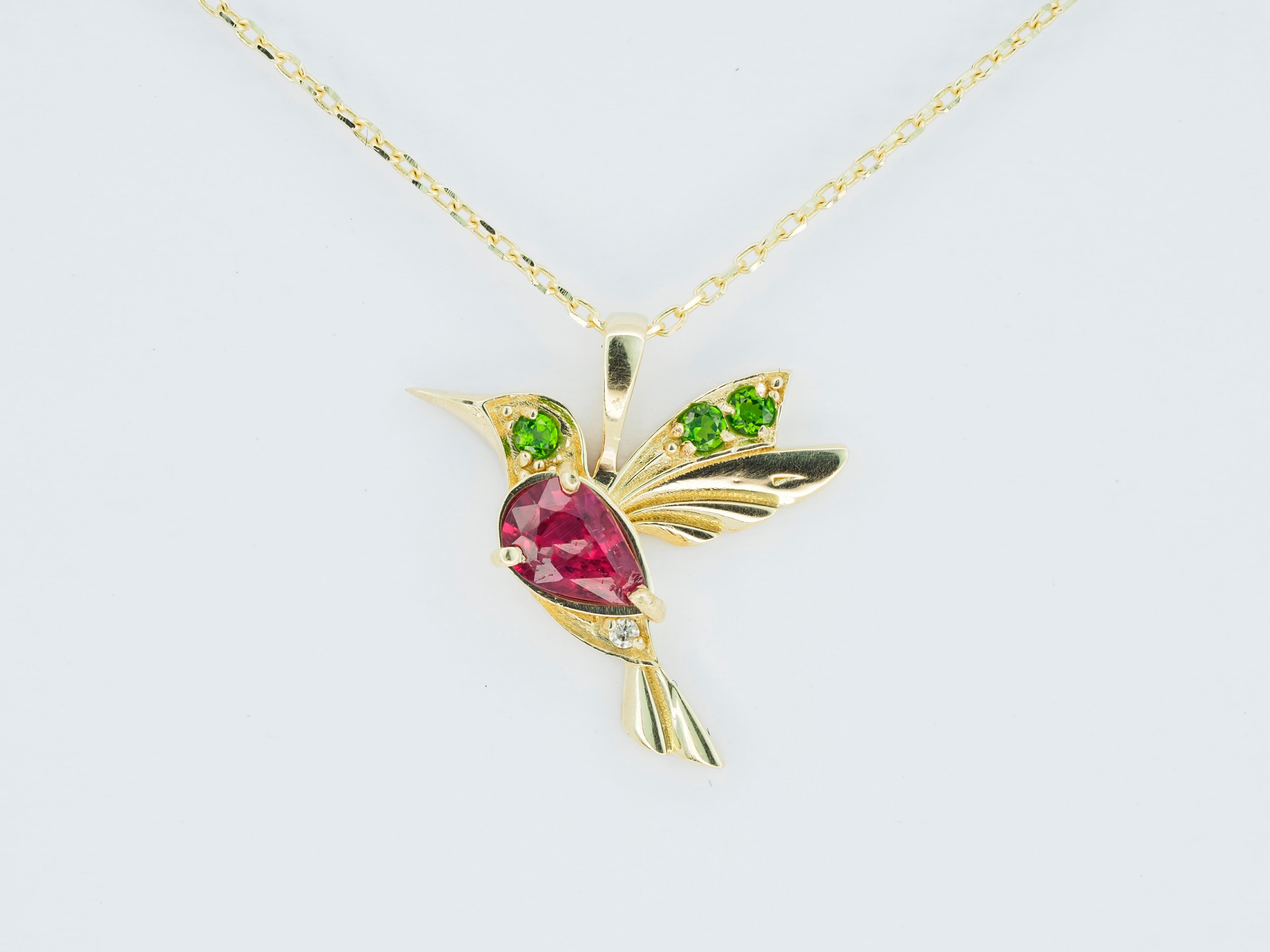Pear Cut 14k Gold Hummingbird Pendant with Rubies.  For Sale
