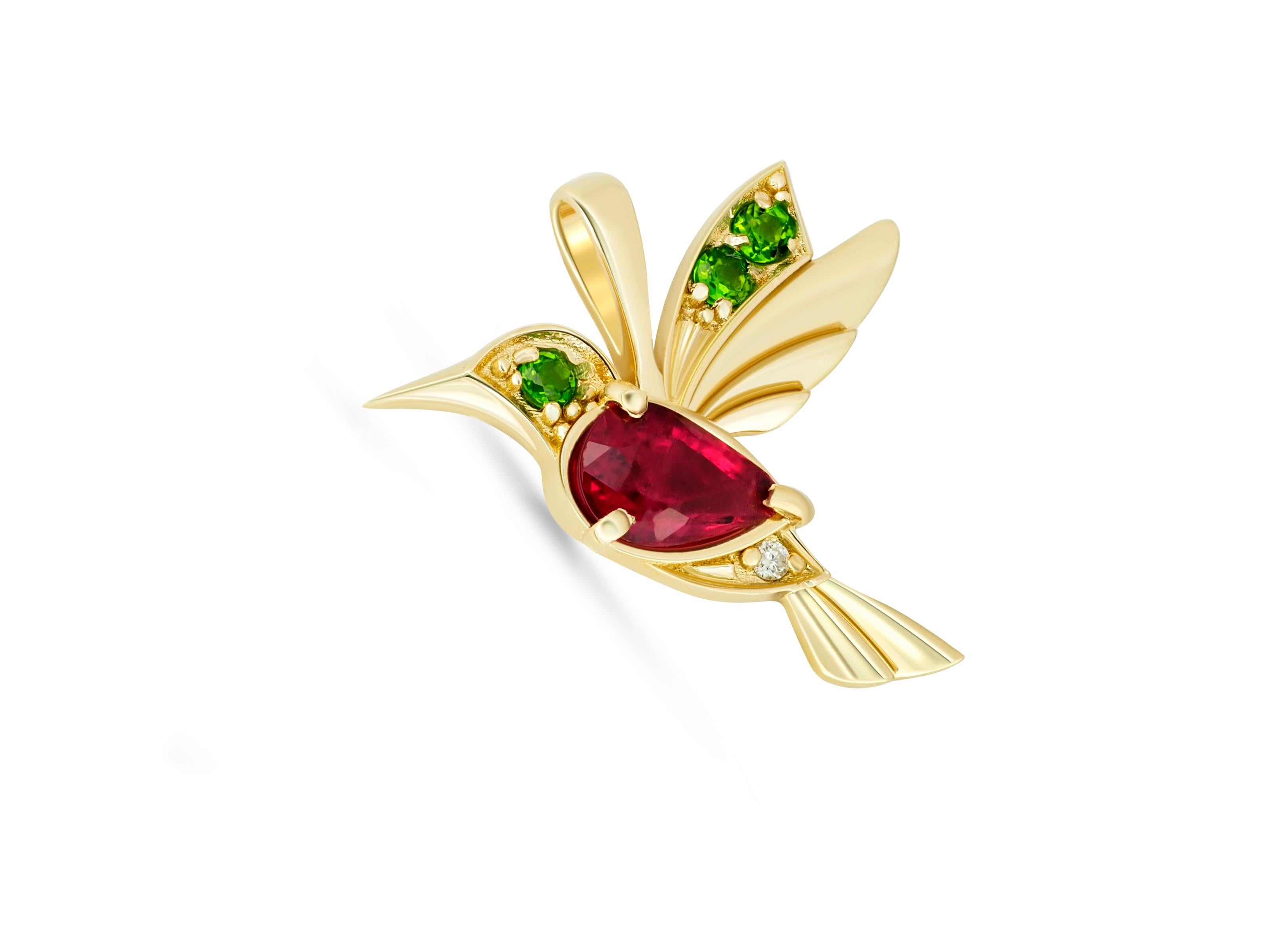 Women's 14k Gold Hummingbird Pendant with Rubies.  For Sale