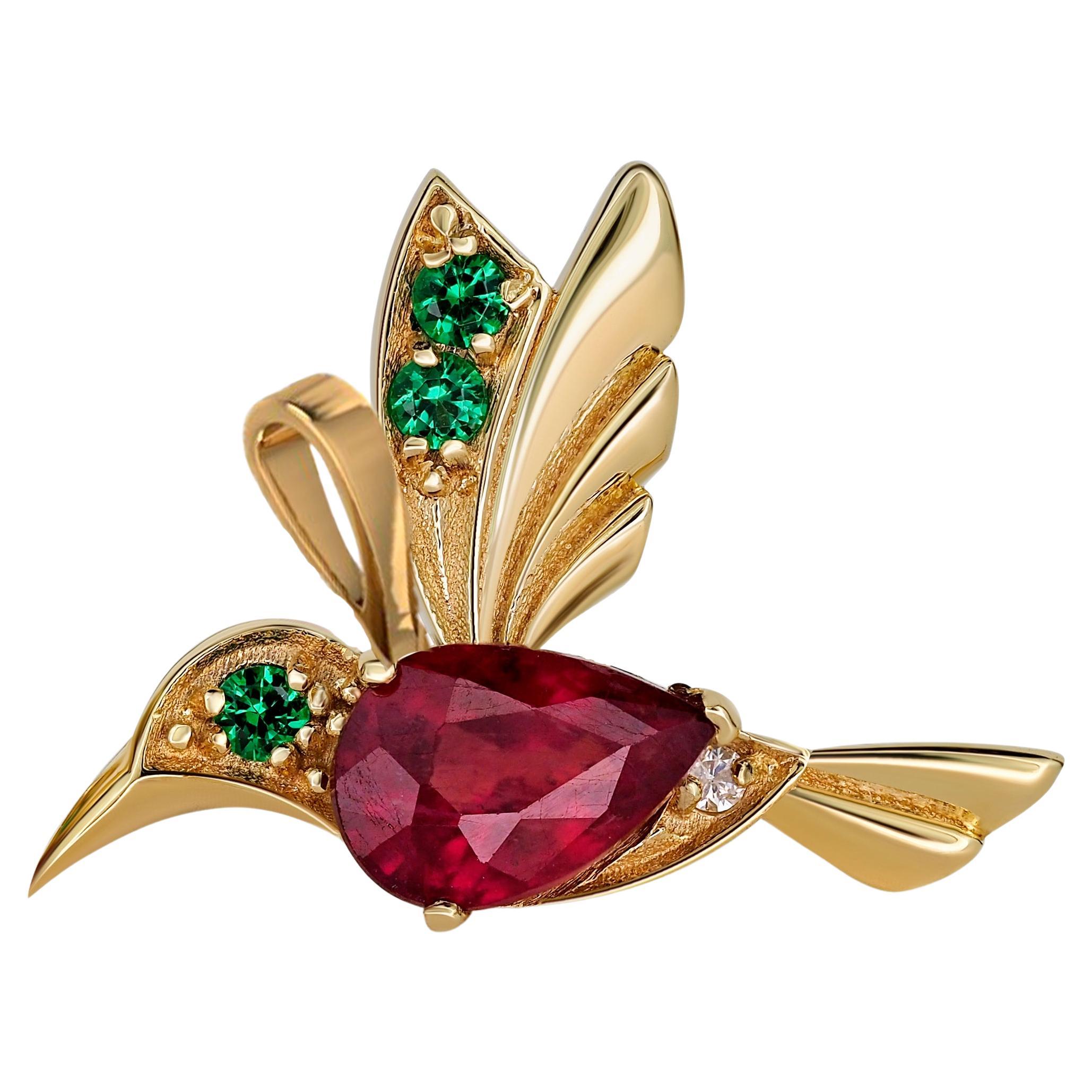 14k Gold Hummingbird Pendant with Rubies.  For Sale
