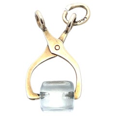 14K Gold Ice Tongs Vintage Charm/Pendant with Rock Crystal