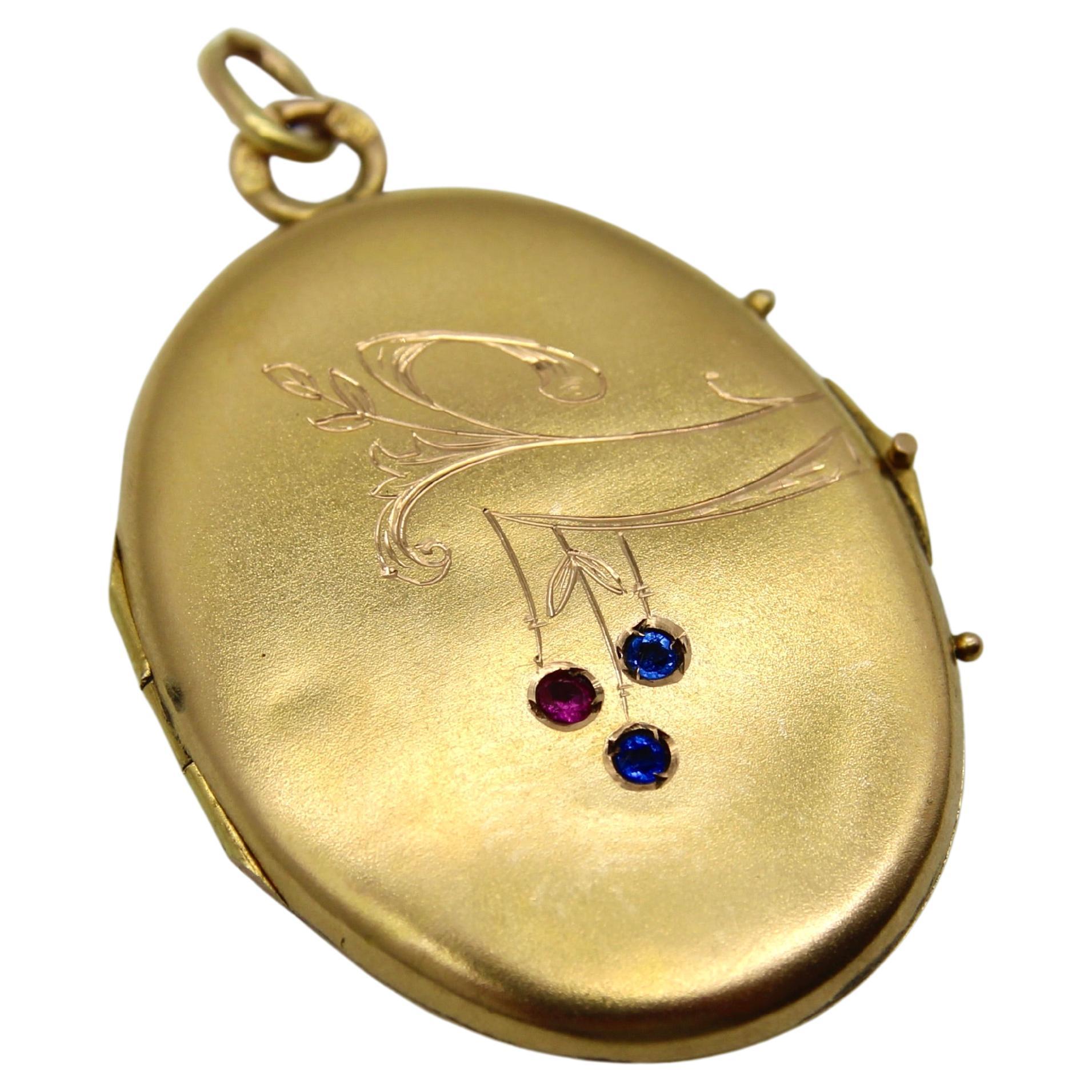 This is an immaculate 14k gold Imperial Russian locket with rubies and sapphires. It’s superbly hand crafted and exhibits the striking features of Russian jewelry. The locket is acid wash, creating a delicate matte finish. The hand engraving is