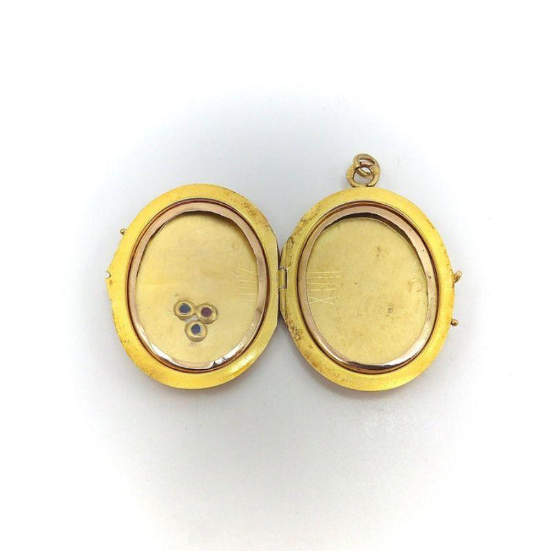 Round Cut 14K Gold Imperial Russian Locket with Rubies & Sapphires, circa 1915 For Sale