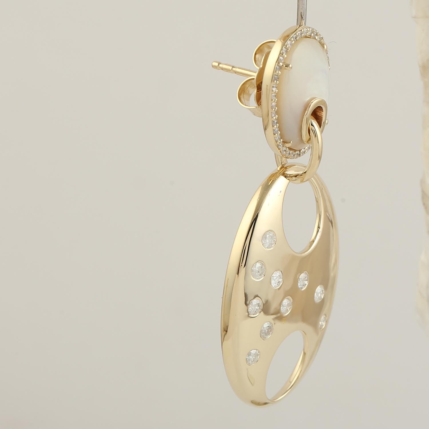 Contemporary Pave Diamond & Mother Of Pearl Dangle Earrings Made In 14k Gold For Sale