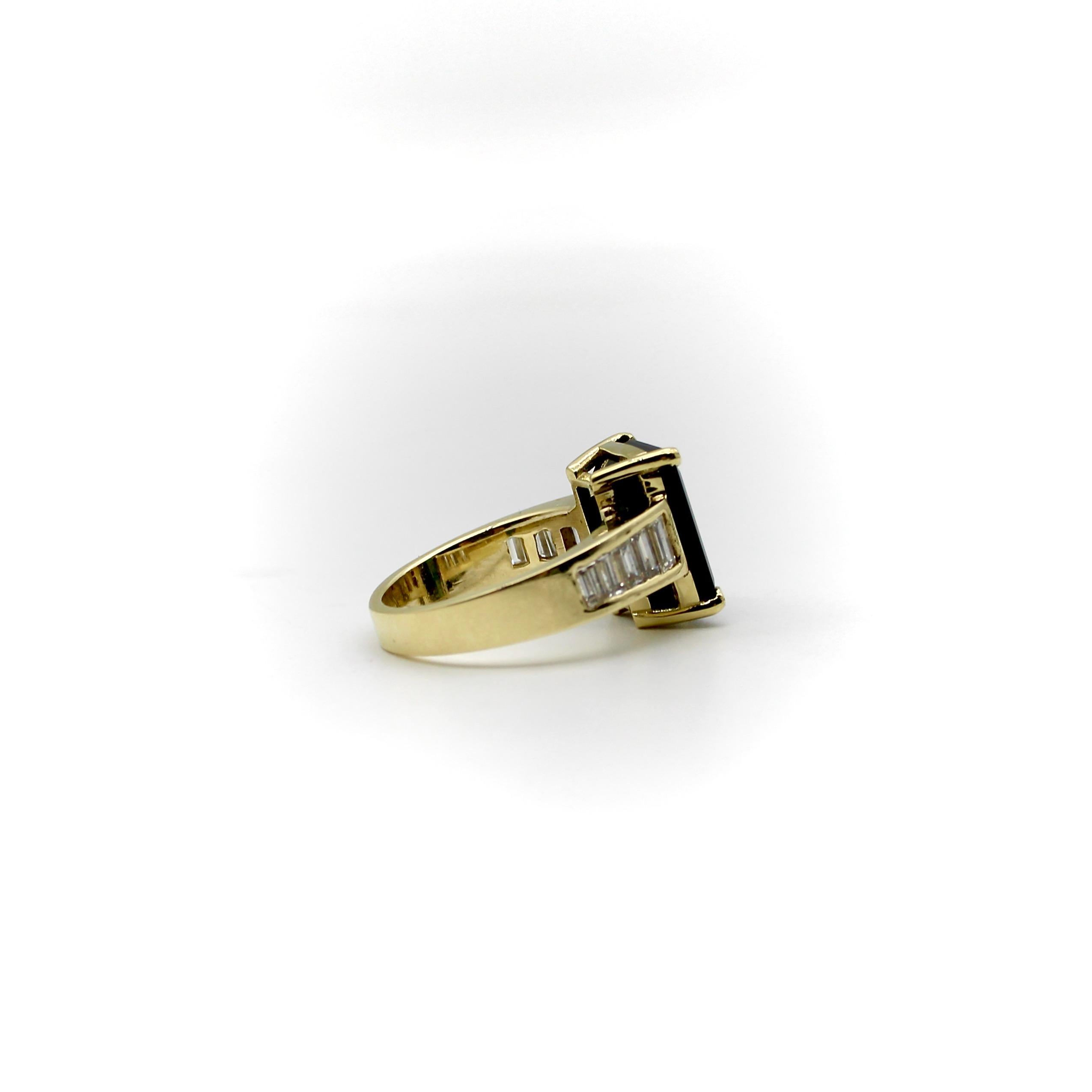 Women's or Men's 14k Gold Indicolite Emerald Cut Tourmaline and Diamond Cocktail Ring