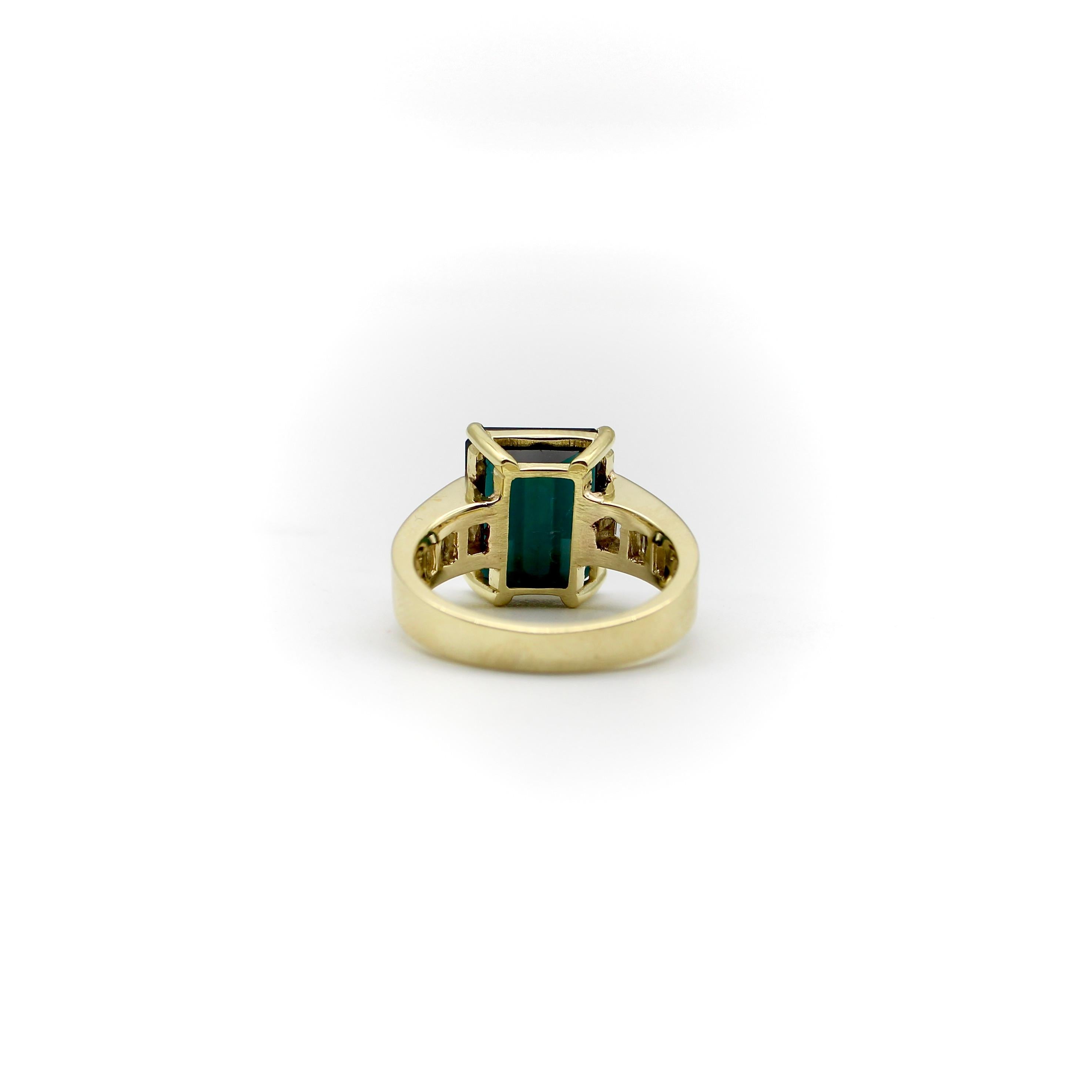 14k Gold Indicolite Emerald Cut Tourmaline and Diamond Cocktail Ring 1
