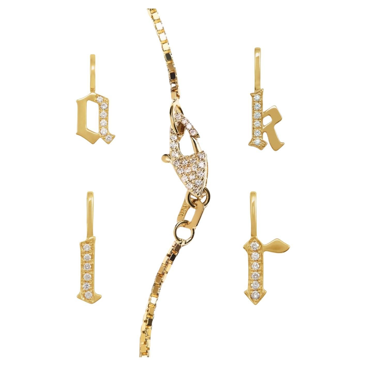 14k Gold Initial Charm on Box Chain with Custom Diamond Clasp