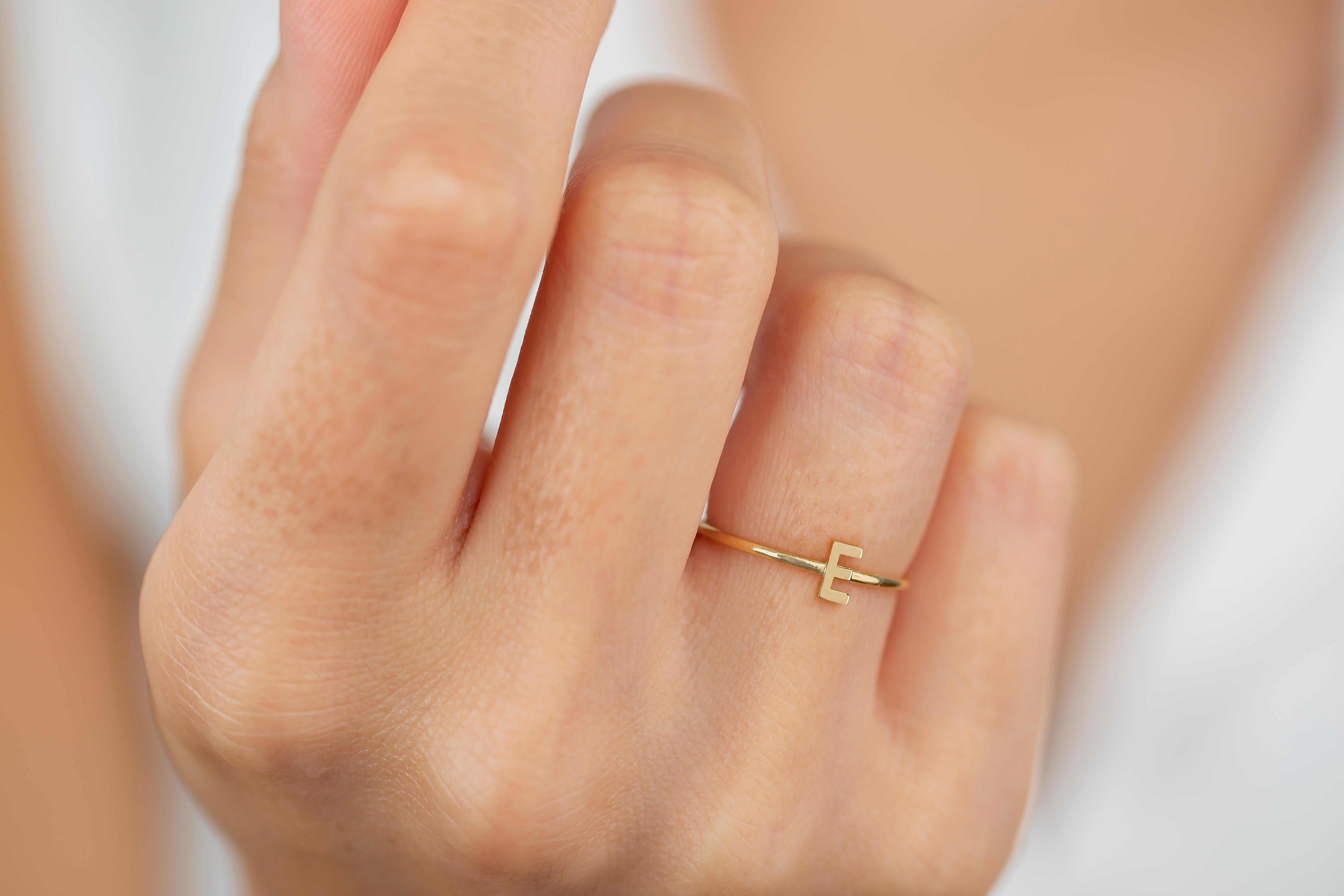 For Sale:  14K Gold Initial E Letter Ring, Personalized Initial Letter Ring 2