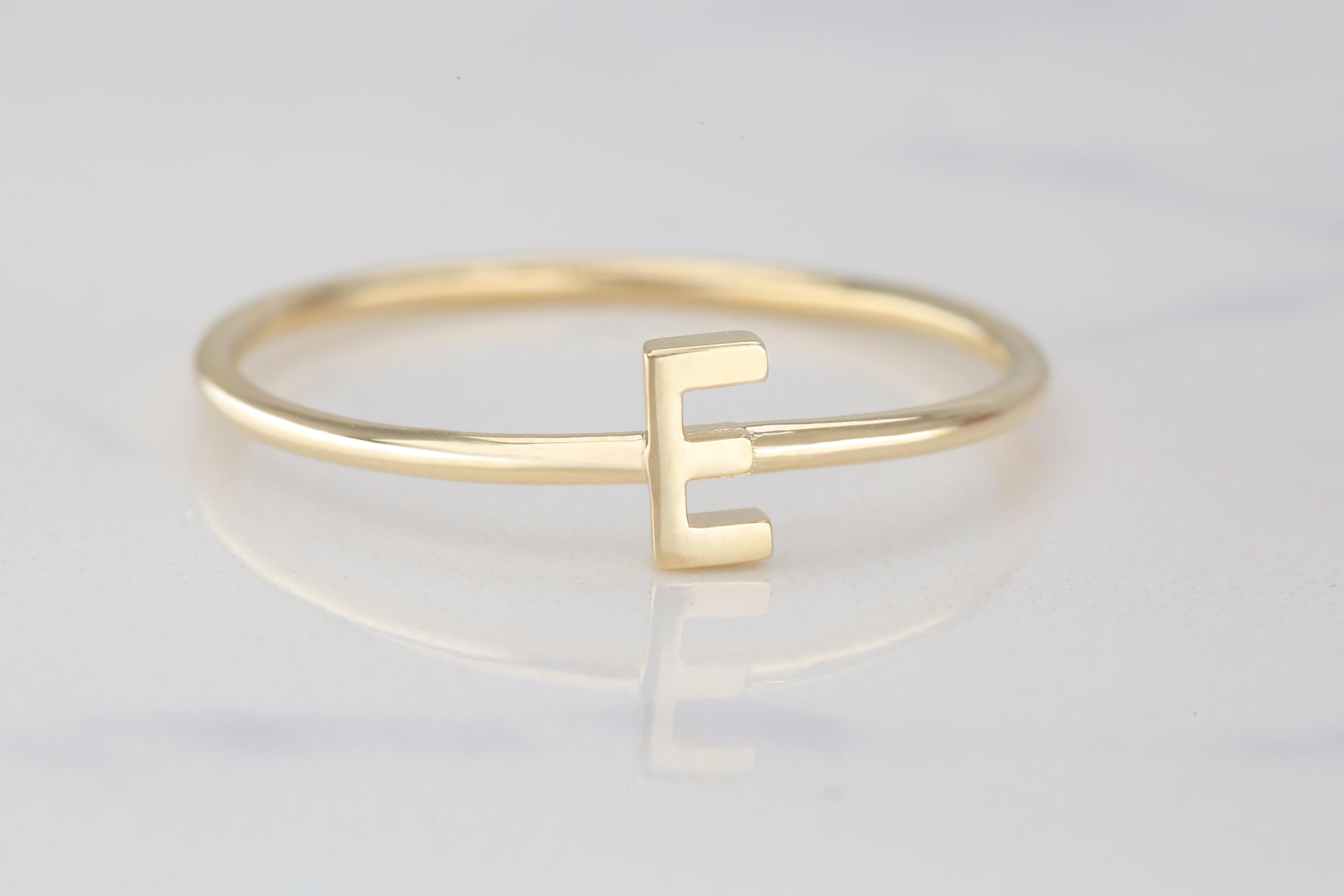 For Sale:  14K Gold Initial E Letter Ring, Personalized Initial Letter Ring 3
