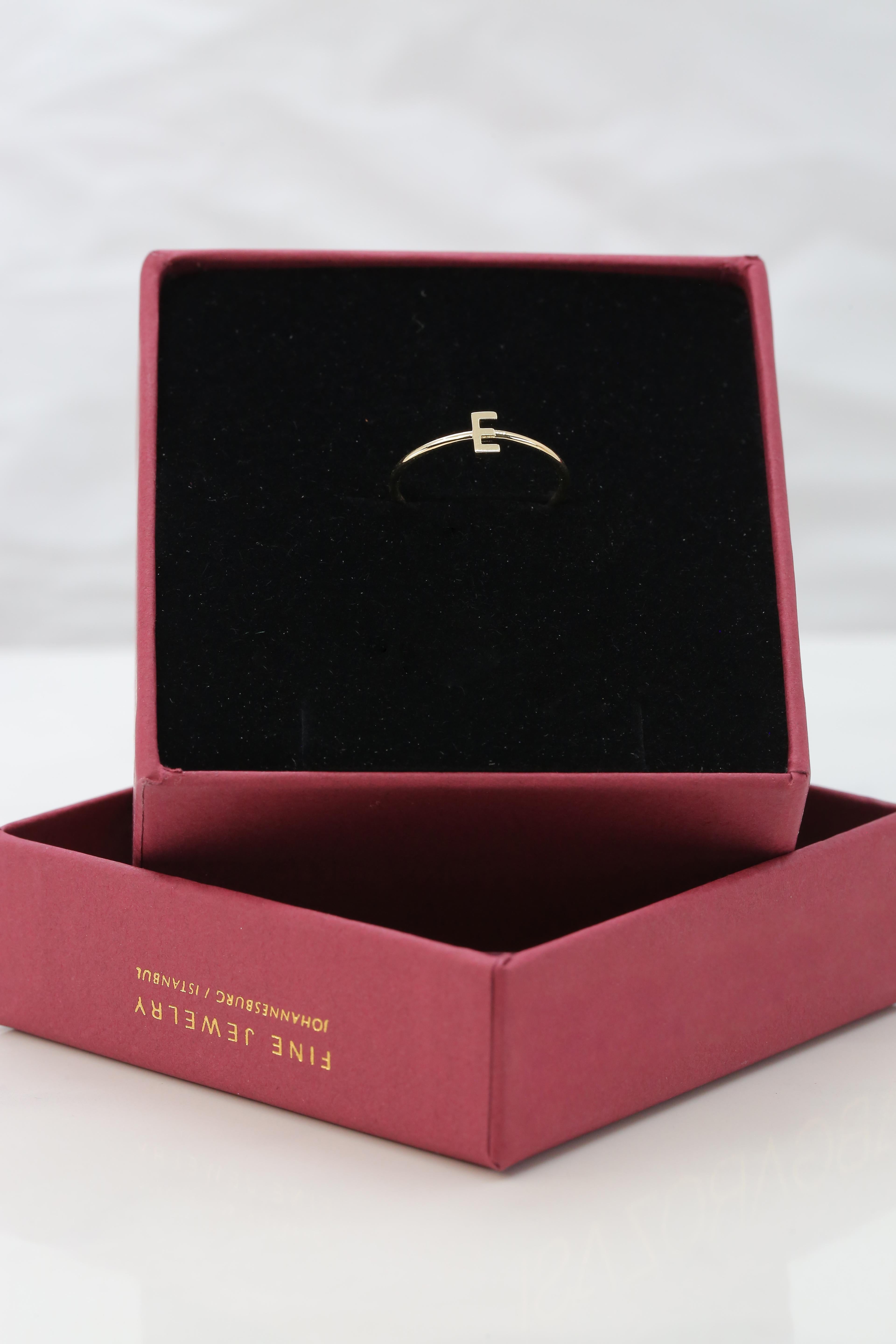 For Sale:  14K Gold Initial E Letter Ring, Personalized Initial Letter Ring 4