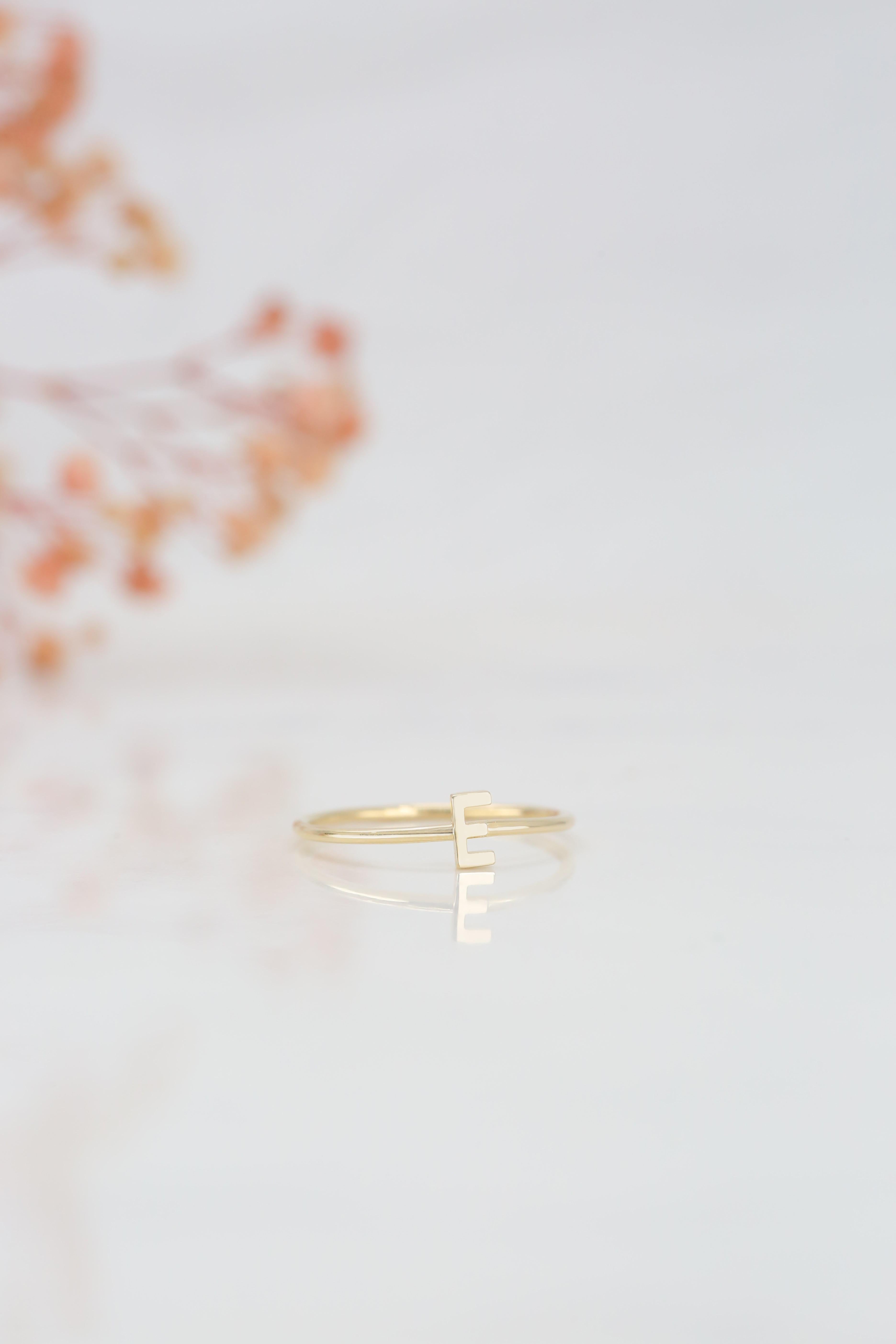 For Sale:  14K Gold Initial E Letter Ring, Personalized Initial Letter Ring 5