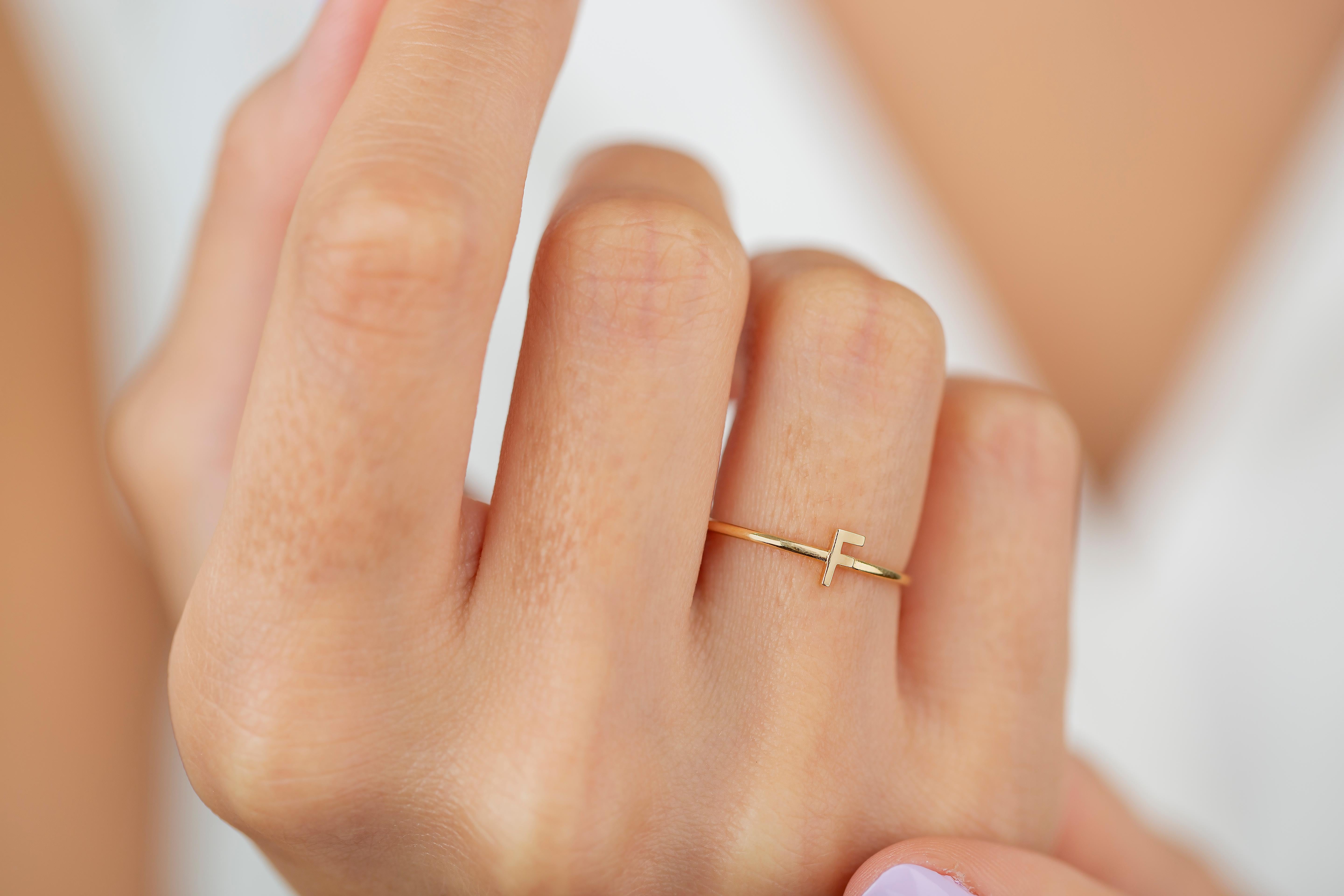 For Sale:  14K Gold Initial F Letter Ring, Personalized Initial Letter Ring 2