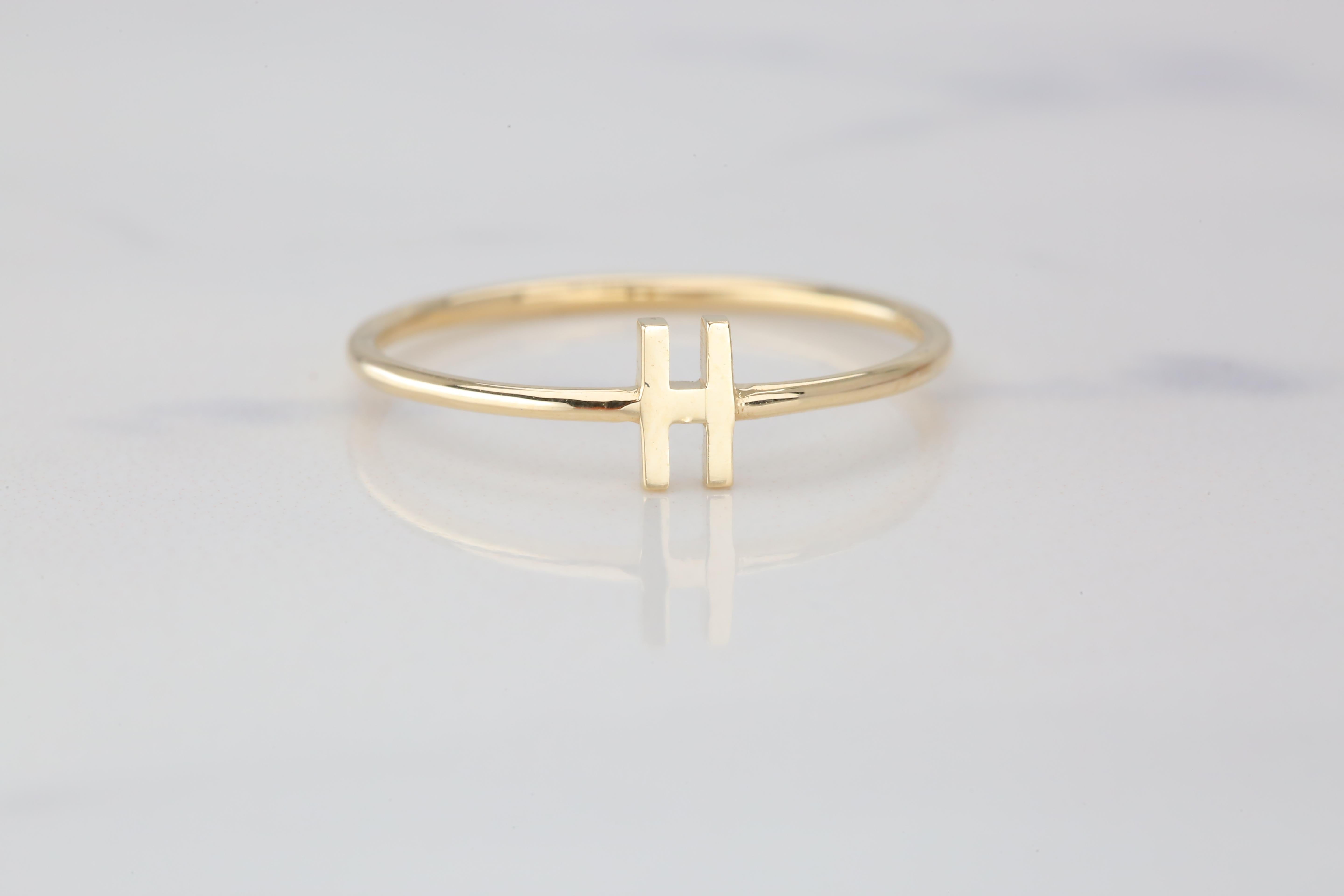 For Sale:  14K Gold Initial H Letter Ring, Personalized Initial Letter Ring 3