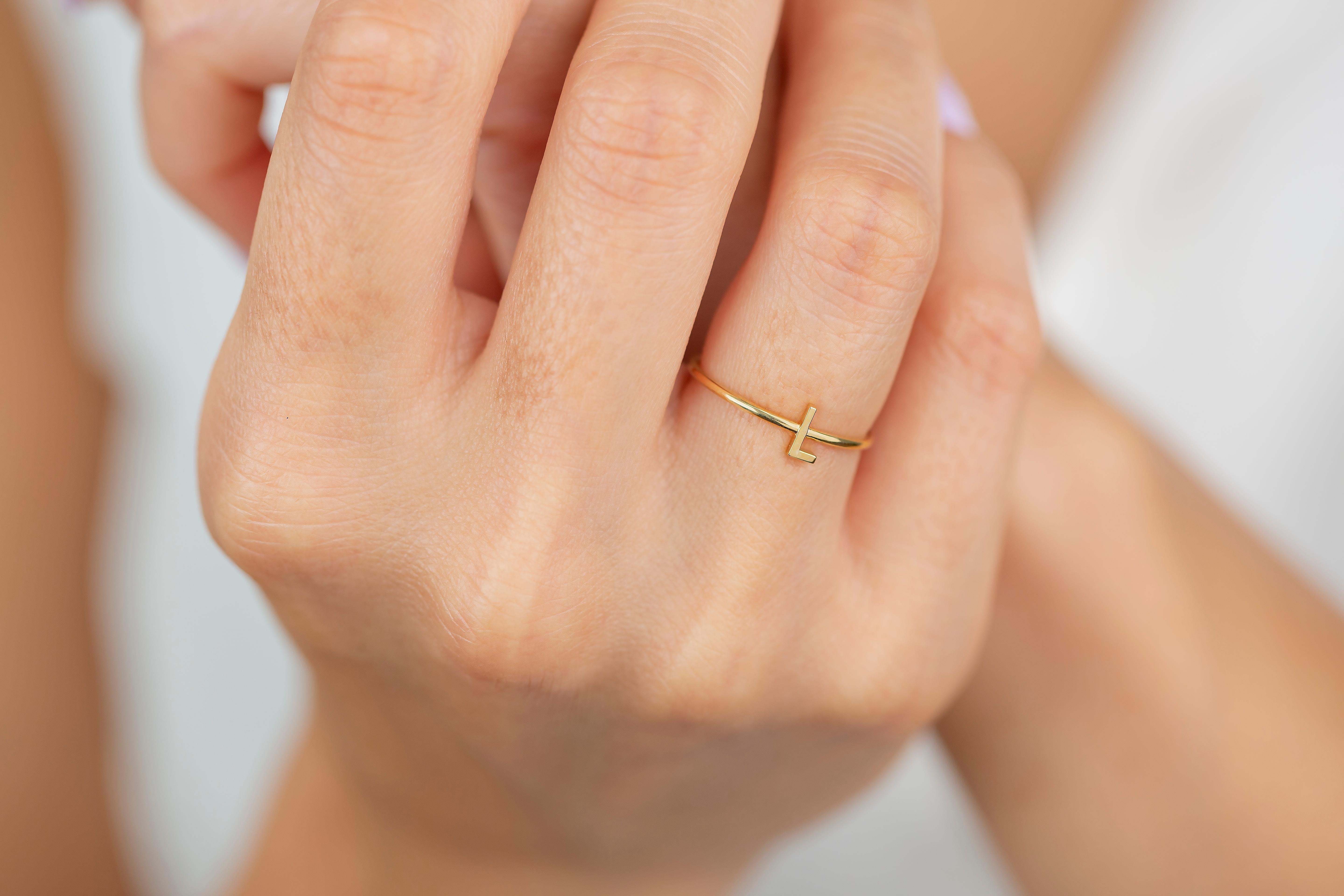 For Sale:  14K Gold Initial L Letter Ring, Personalized Initial Letter Ring 2