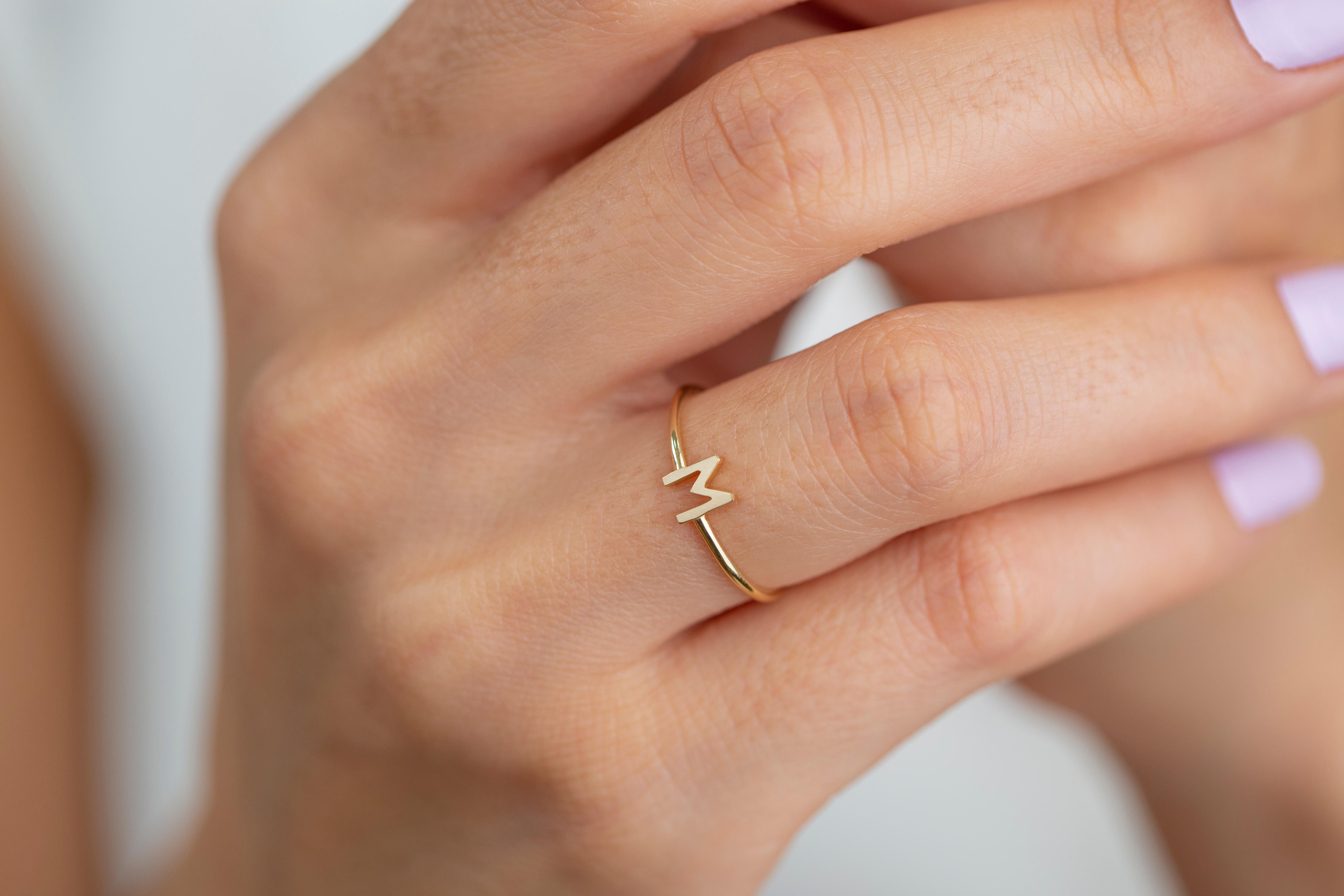 14K Gold Initial M Letter Ring, Personalized Initial Letter Ring 2