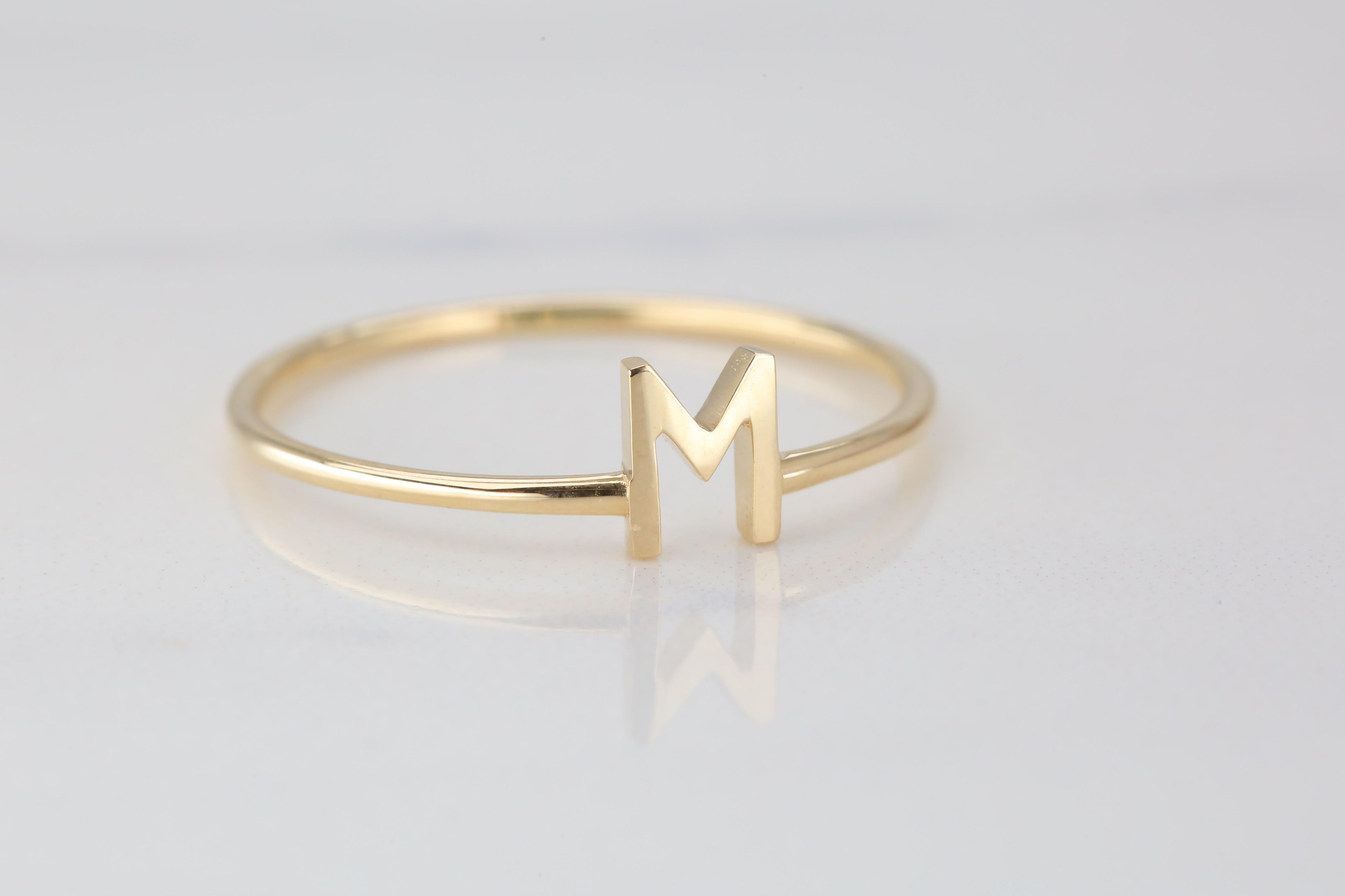 14K Gold Initial M Letter Ring, Personalized Initial Letter Ring 3