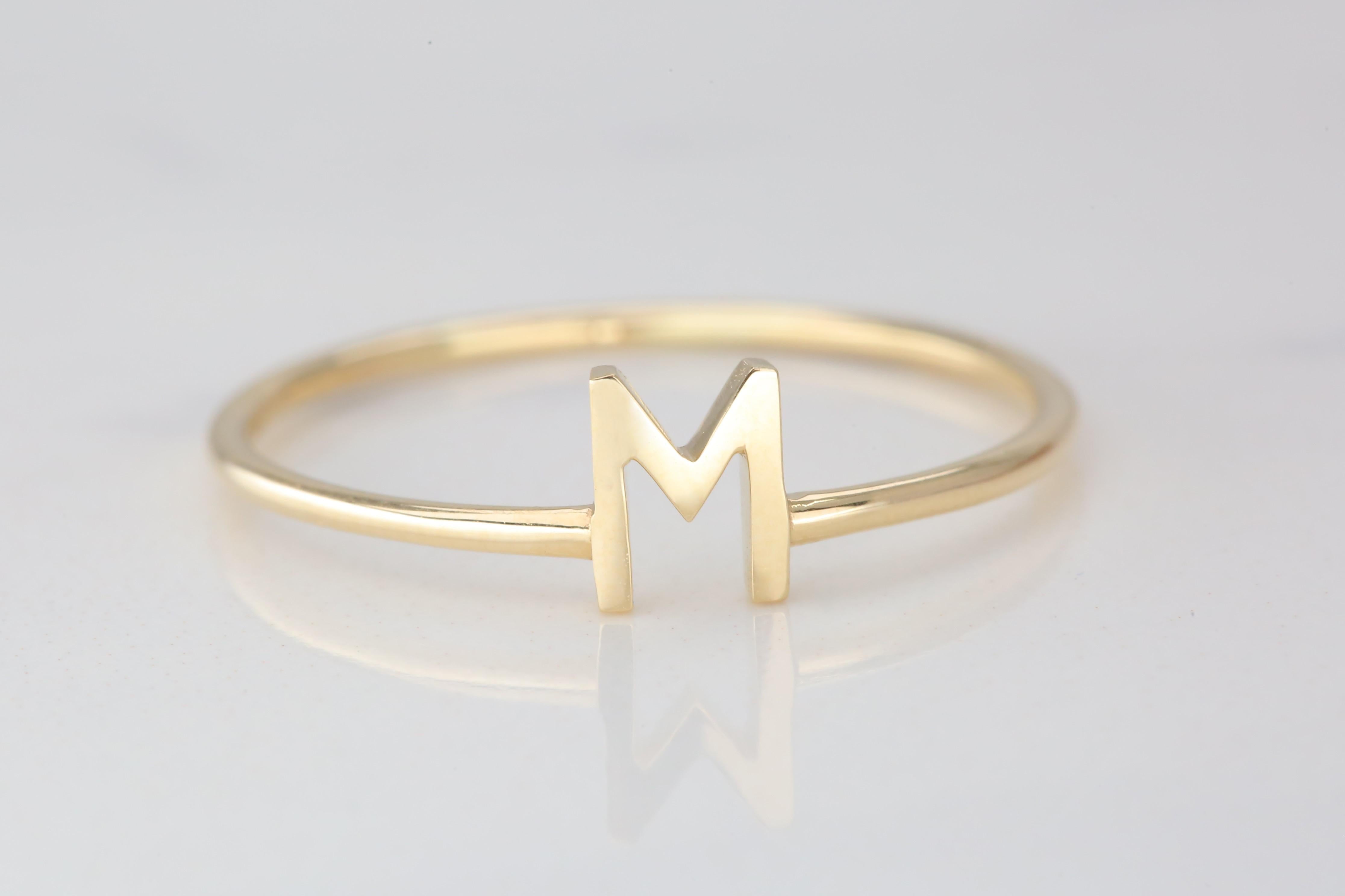 For Sale:  14K Gold Initial M Letter Ring, Personalized Initial Letter Ring 4