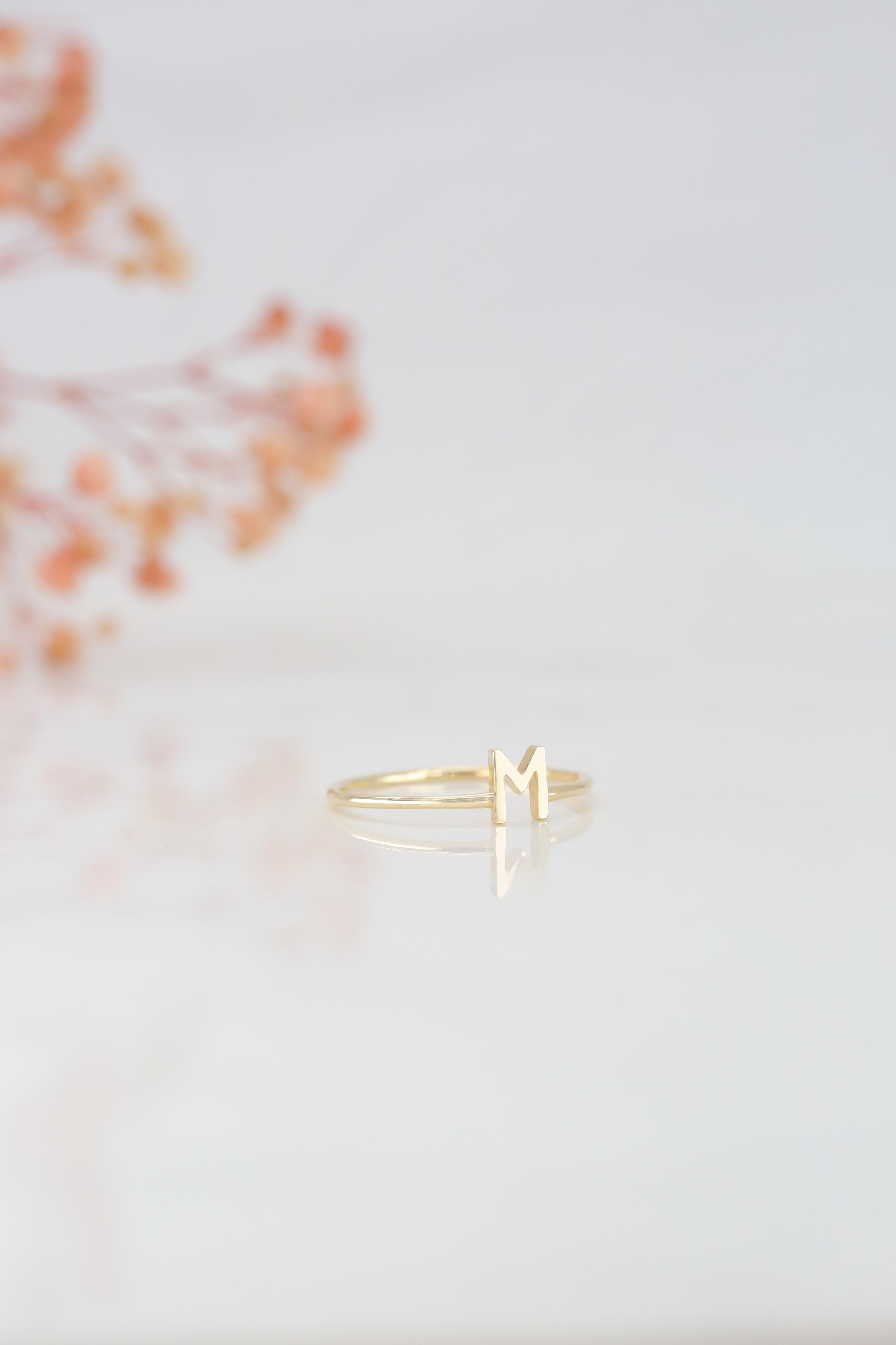 For Sale:  14K Gold Initial M Letter Ring, Personalized Initial Letter Ring 8