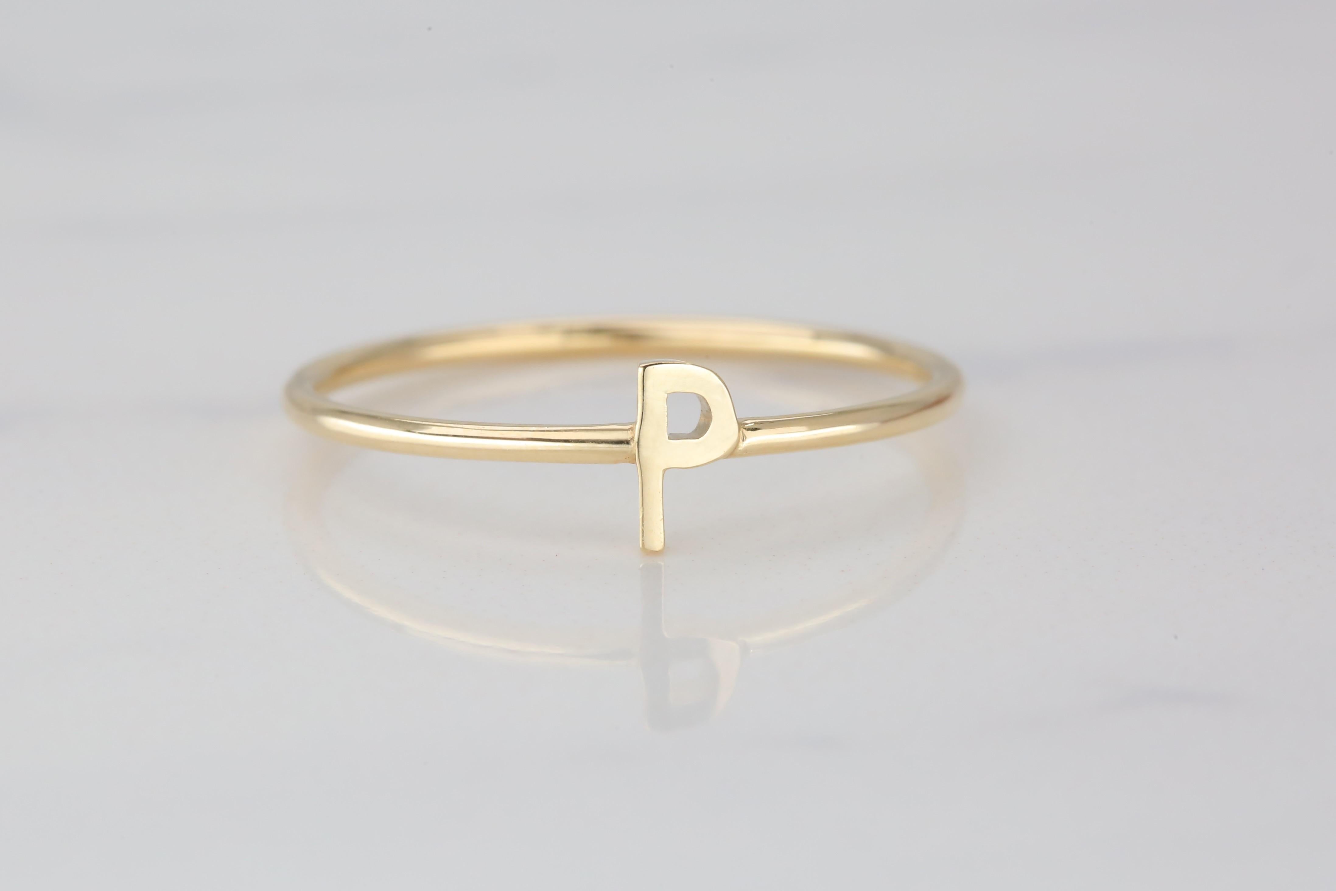 For Sale:  14K Gold Initial P Letter Ring, Personalized Initial Letter Ring 3