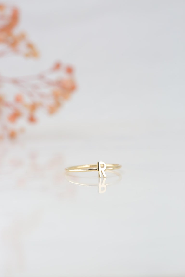 Customizable 14K Gold Initial R Letter Ring, Personalized Initial ...