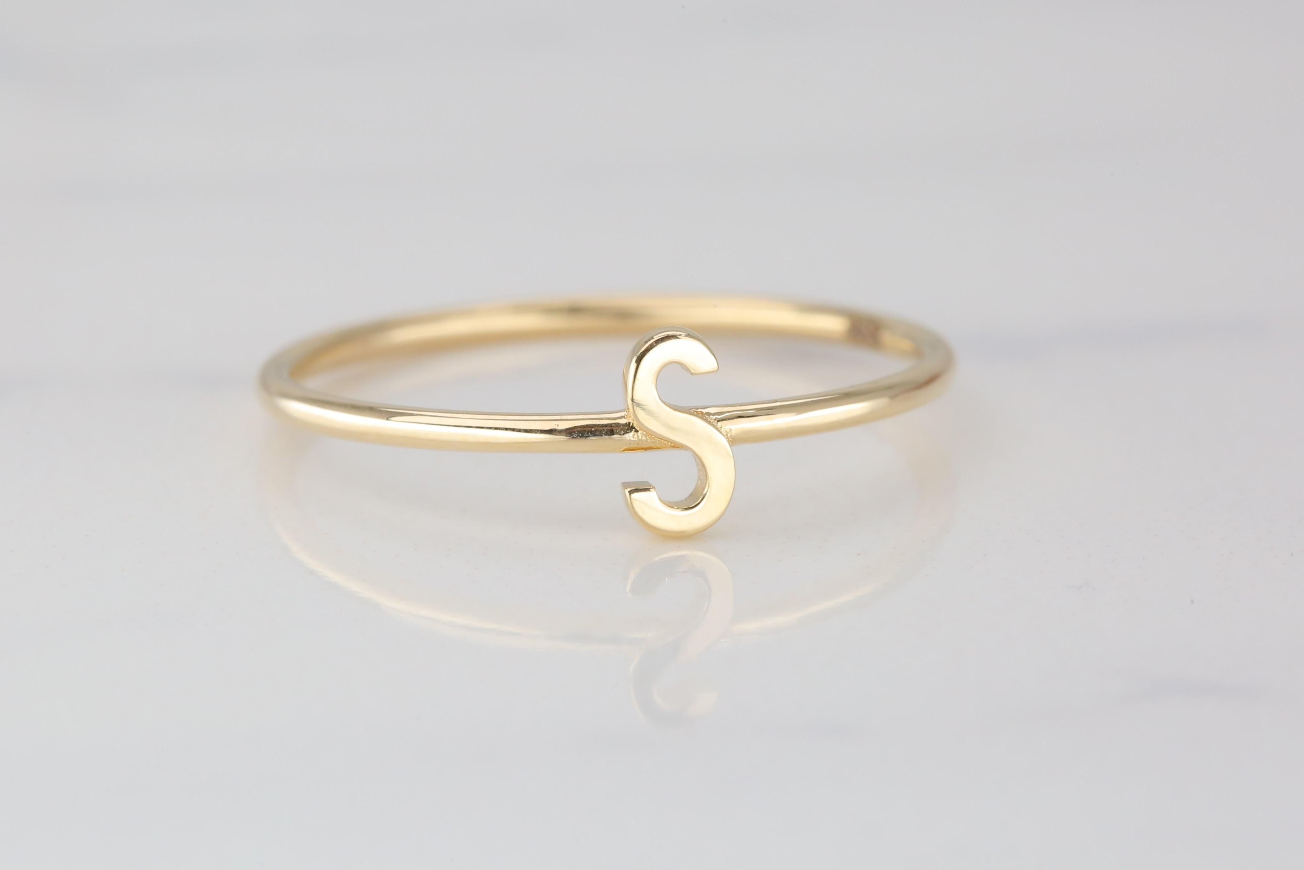 14K Gold Initial S Letter Ring, Personalized Initial Letter Ring 3