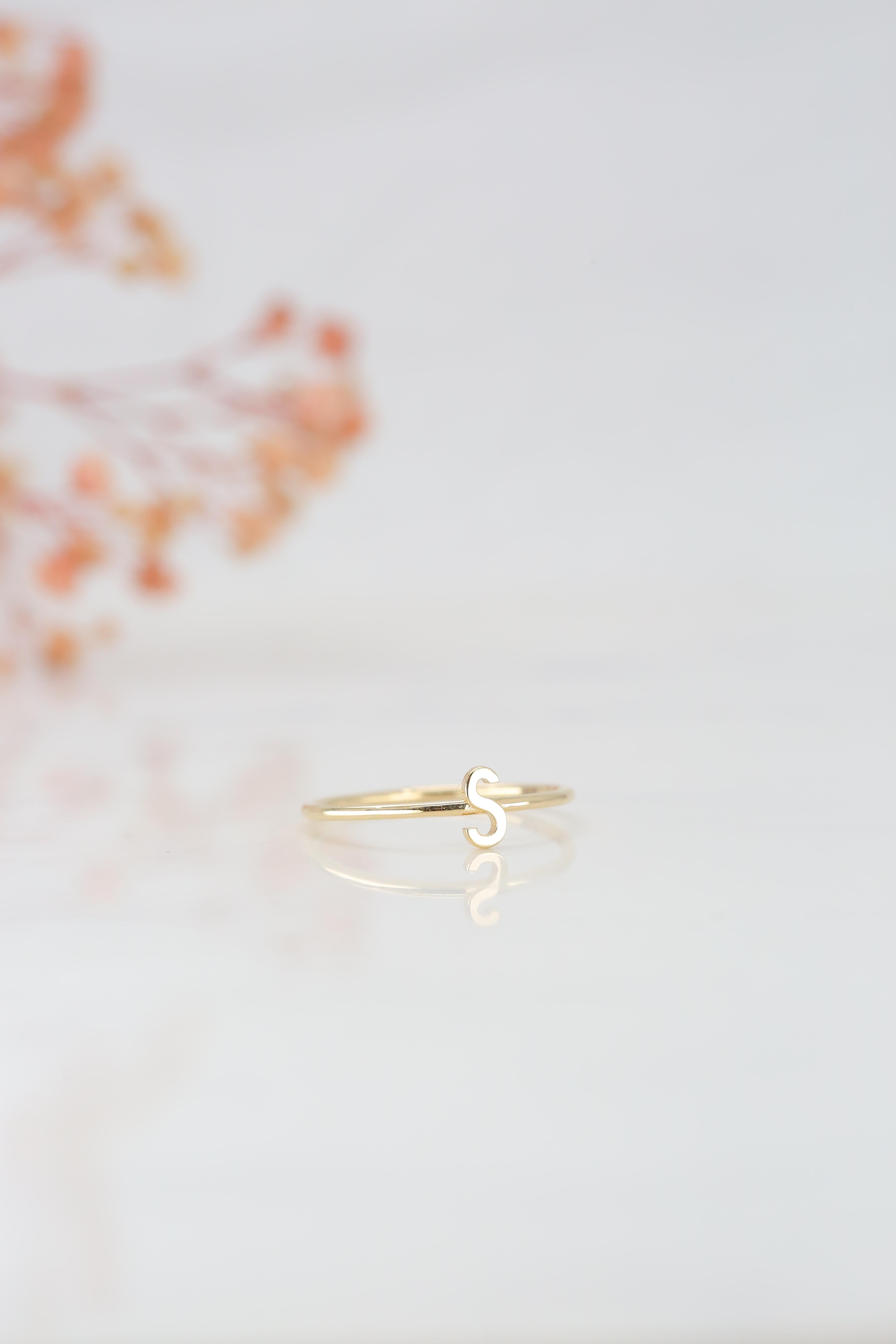 For Sale:  14K Gold Initial S Letter Ring, Personalized Initial Letter Ring 7
