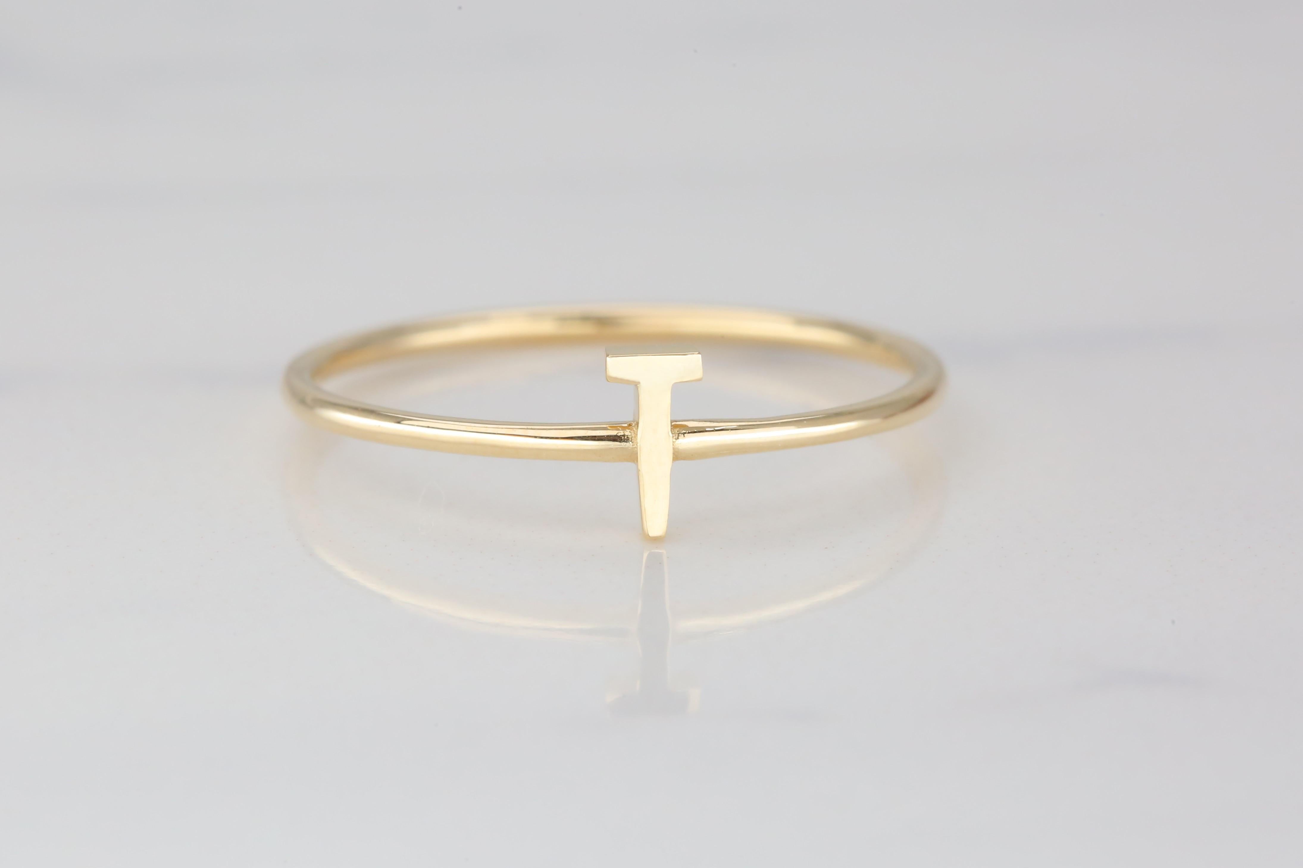 For Sale:  14K Gold Initial T Letter Ring, Personalized Initial Letter Ring 3