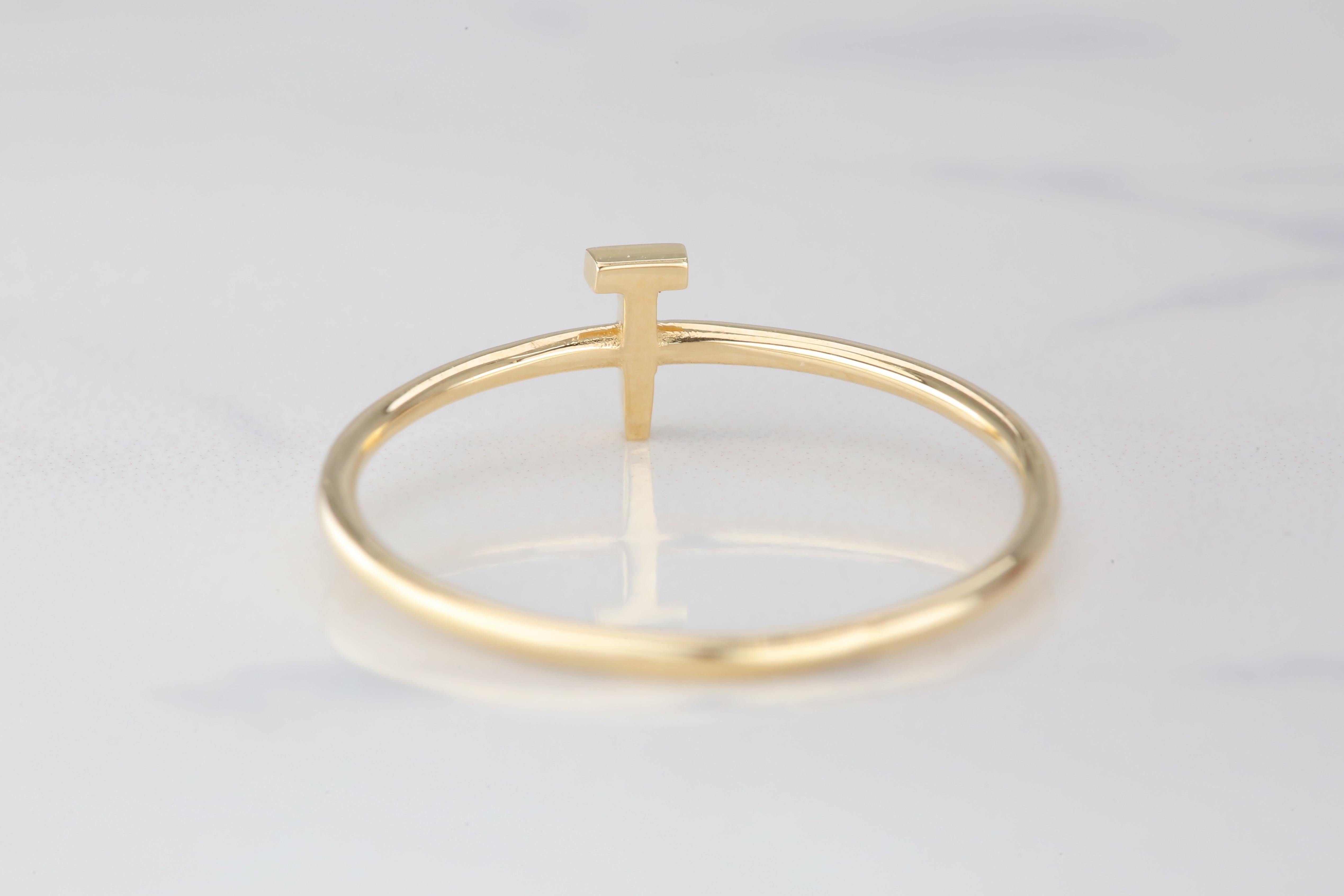 For Sale:  14K Gold Initial T Letter Ring, Personalized Initial Letter Ring 5