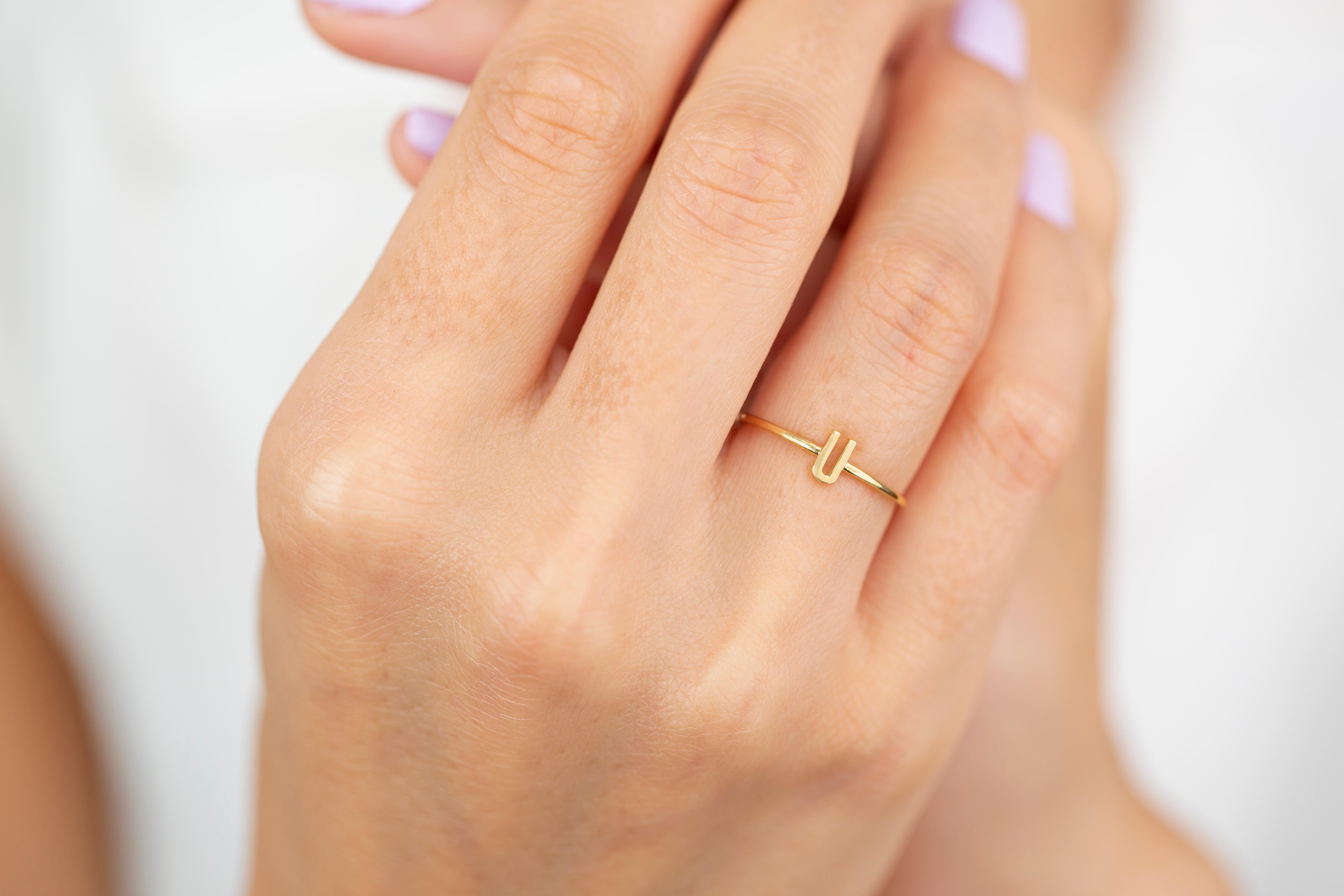 14K Gold Initial U Letter Ring, Personalized Initial Letter Ring 2