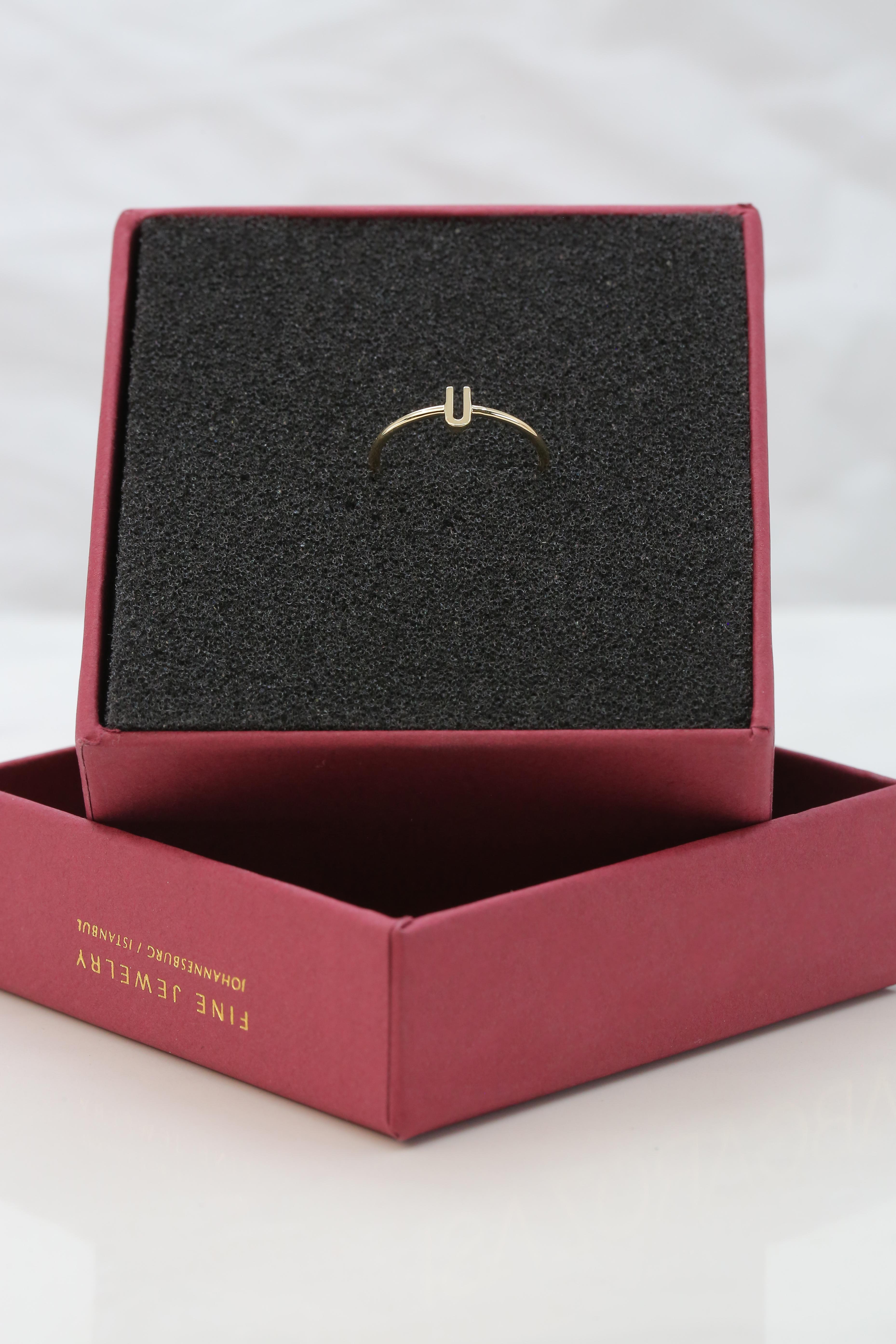 14K Gold Initial U Letter Ring, Personalized Initial Letter Ring 3