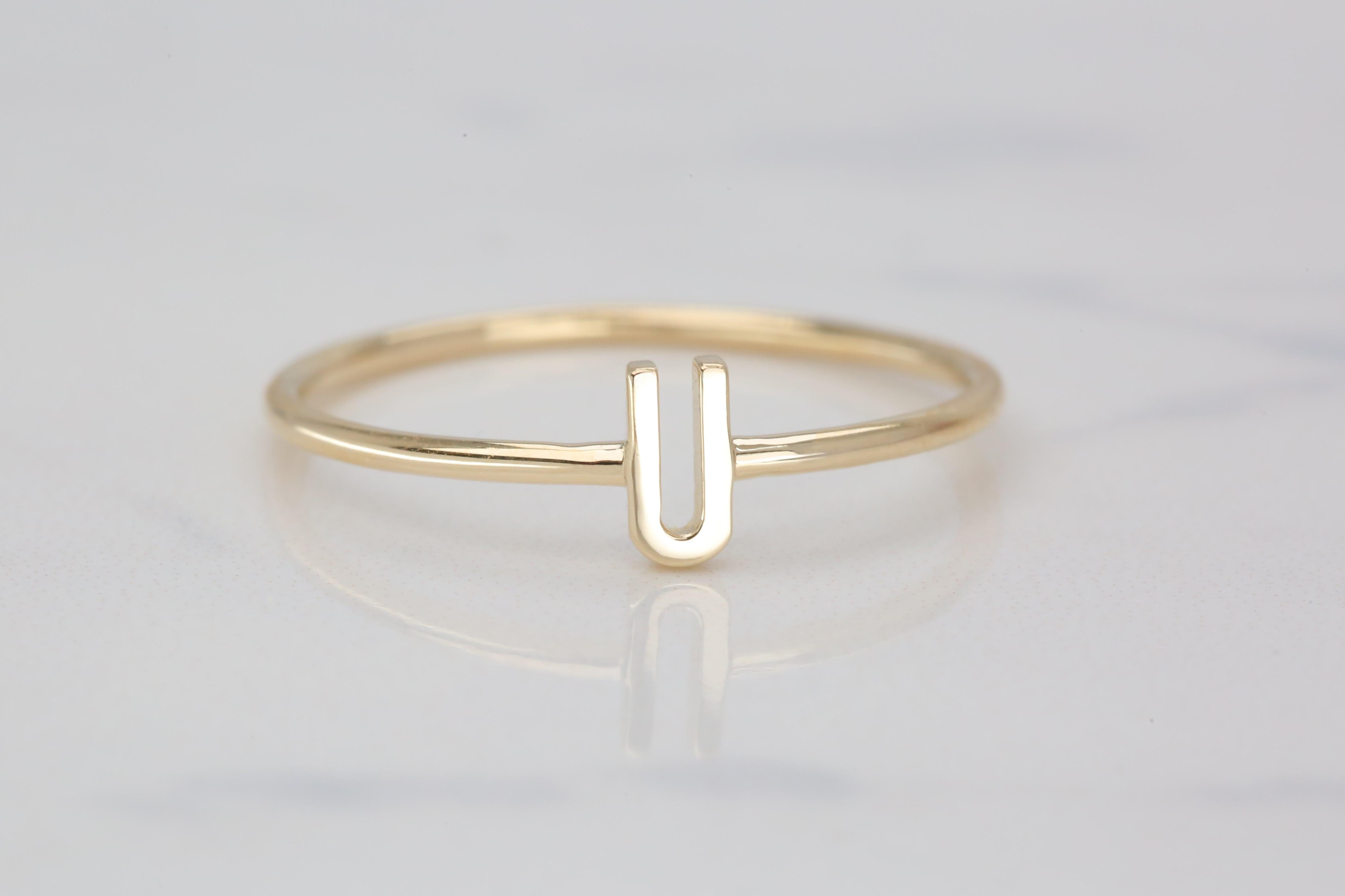For Sale:  14K Gold Initial U Letter Ring, Personalized Initial Letter Ring 4