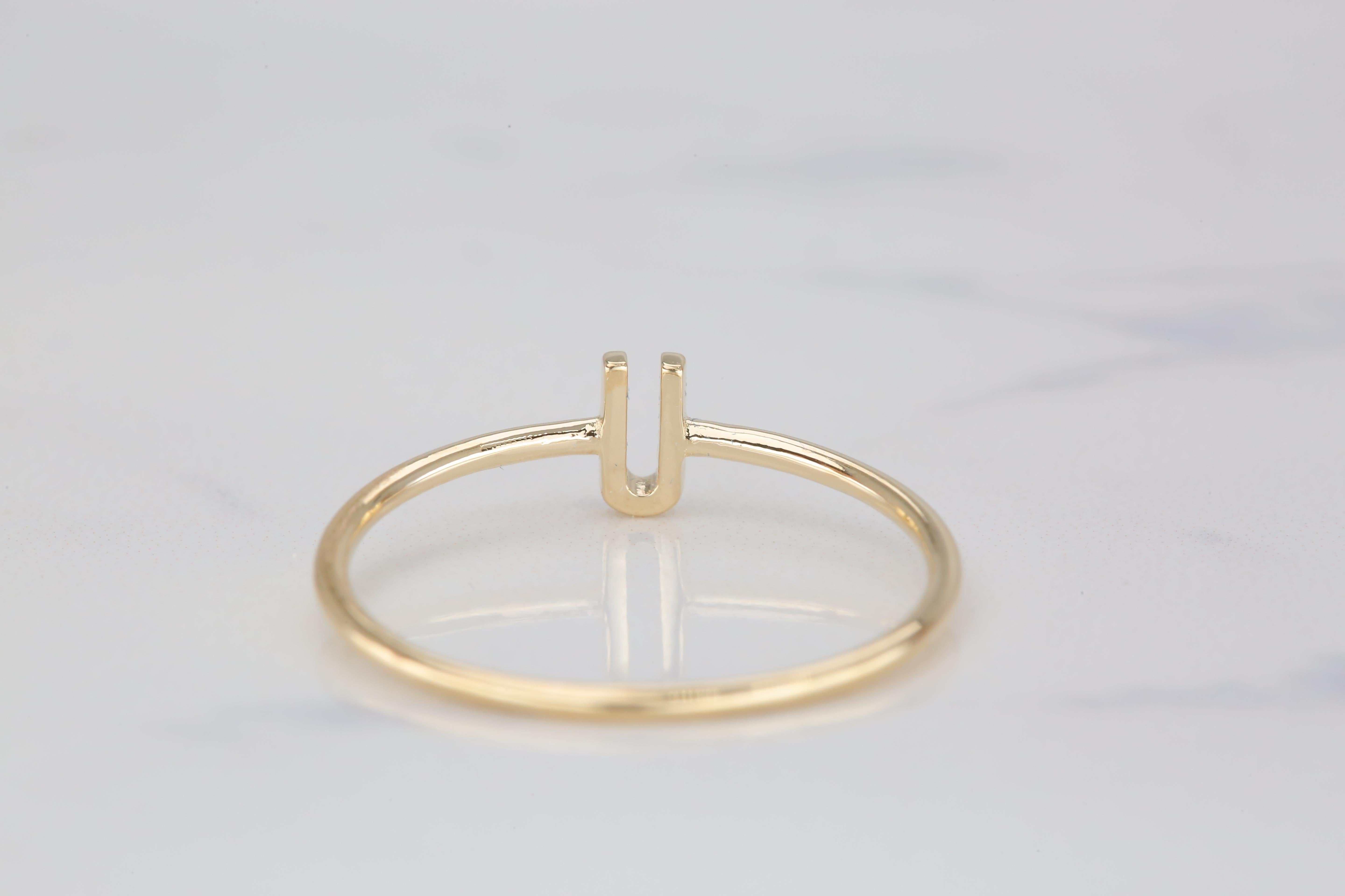 For Sale:  14K Gold Initial U Letter Ring, Personalized Initial Letter Ring 6